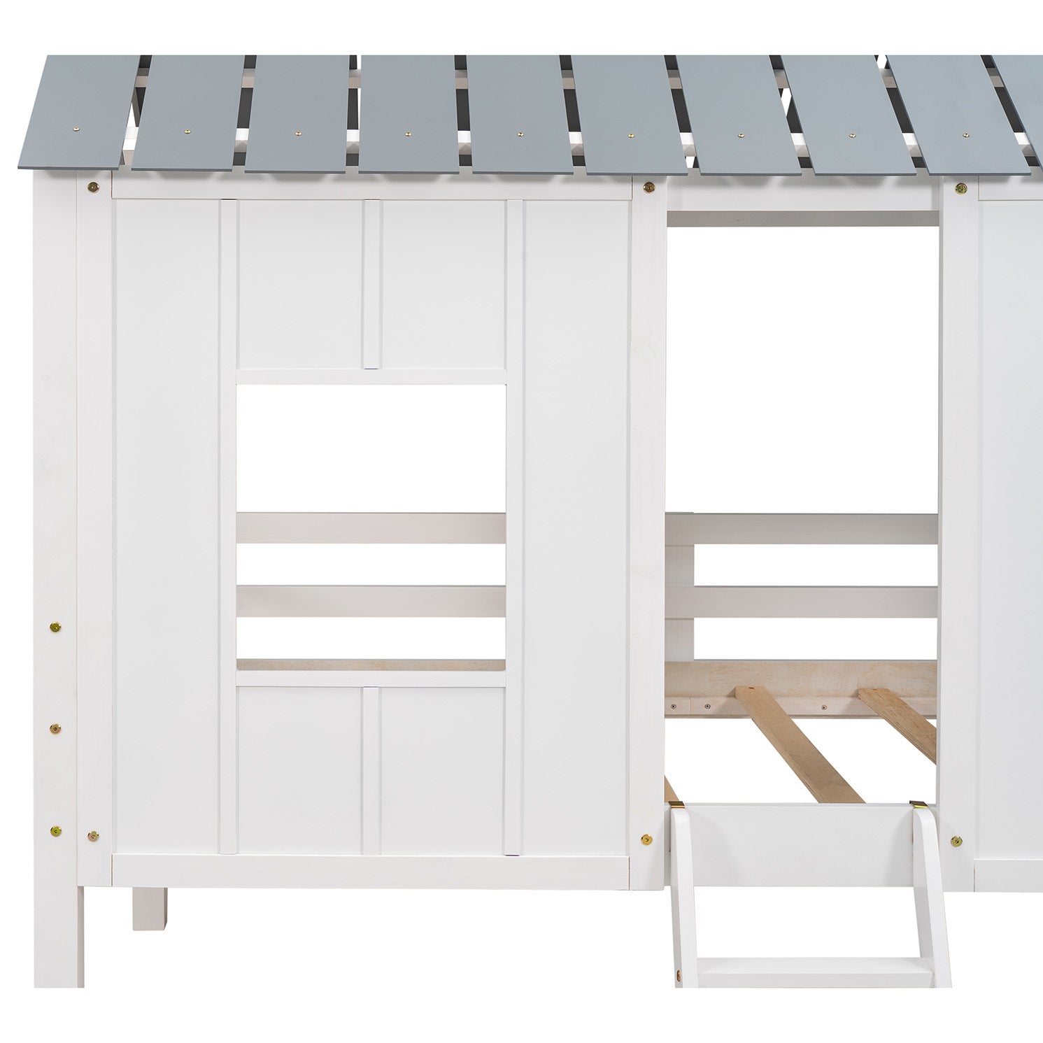 Twin Size Low Loft House Bed with Roof and Two Front Windows (White)