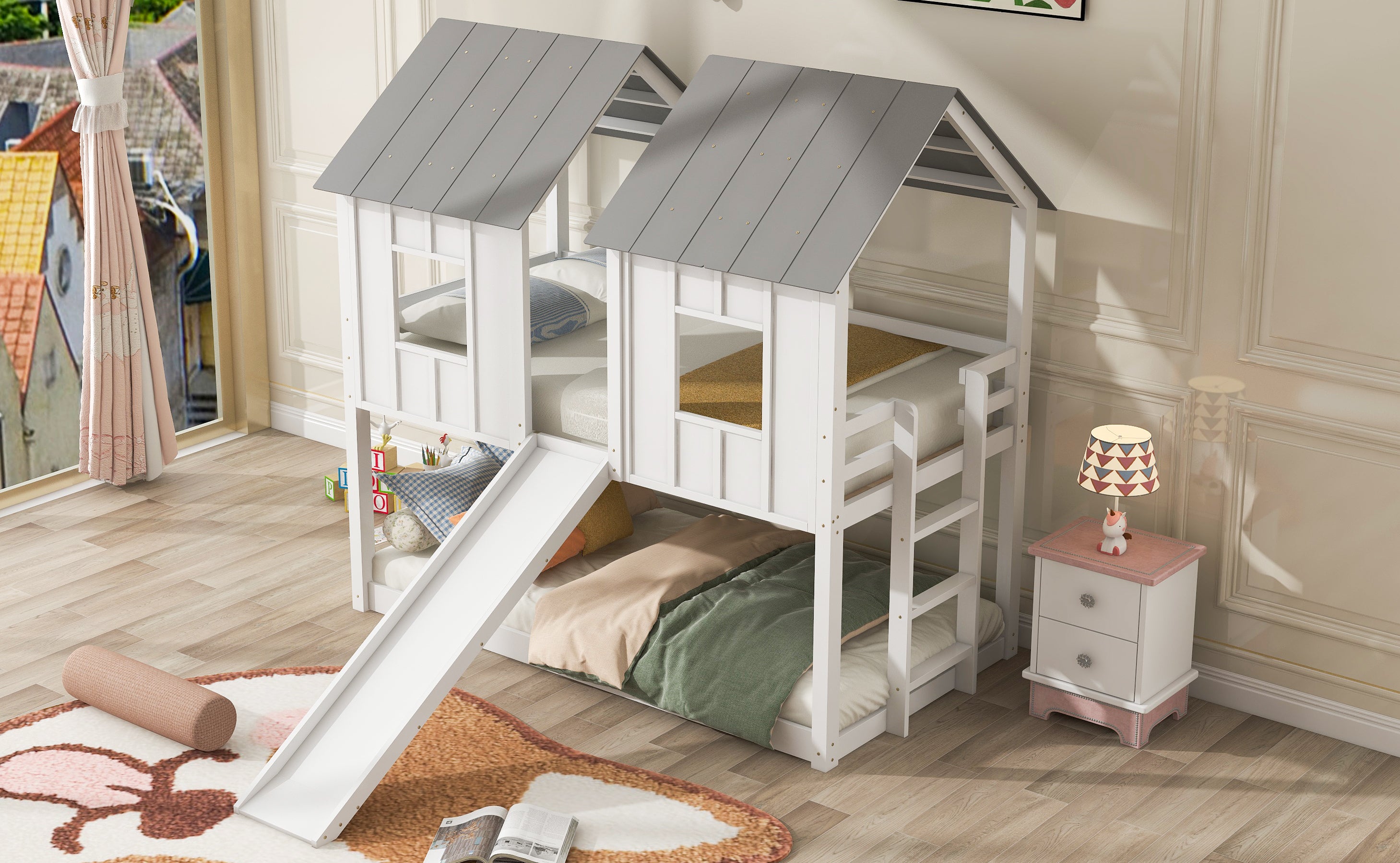 Twin over Twin House Bunk Bed with Slide and Windows (White)