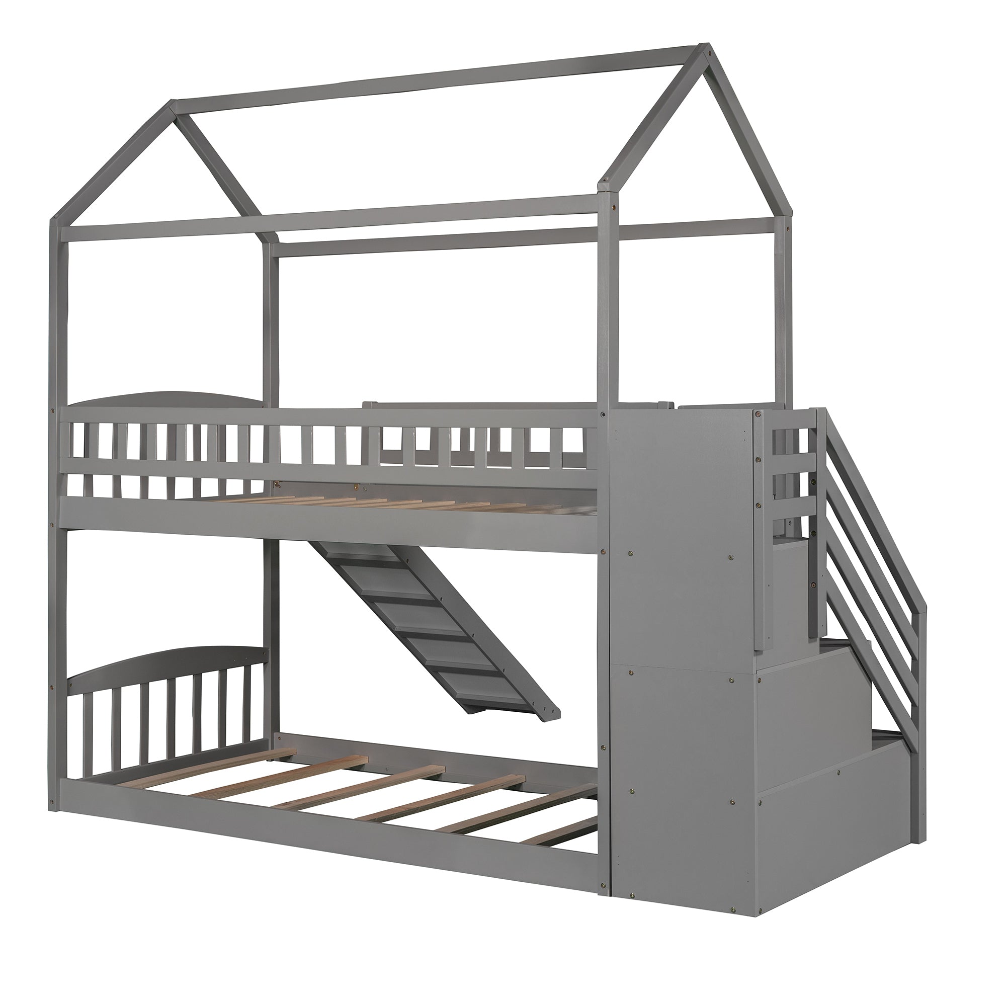 Twin Over Twin Bunk Bed with Drawers and Slide (Gray)