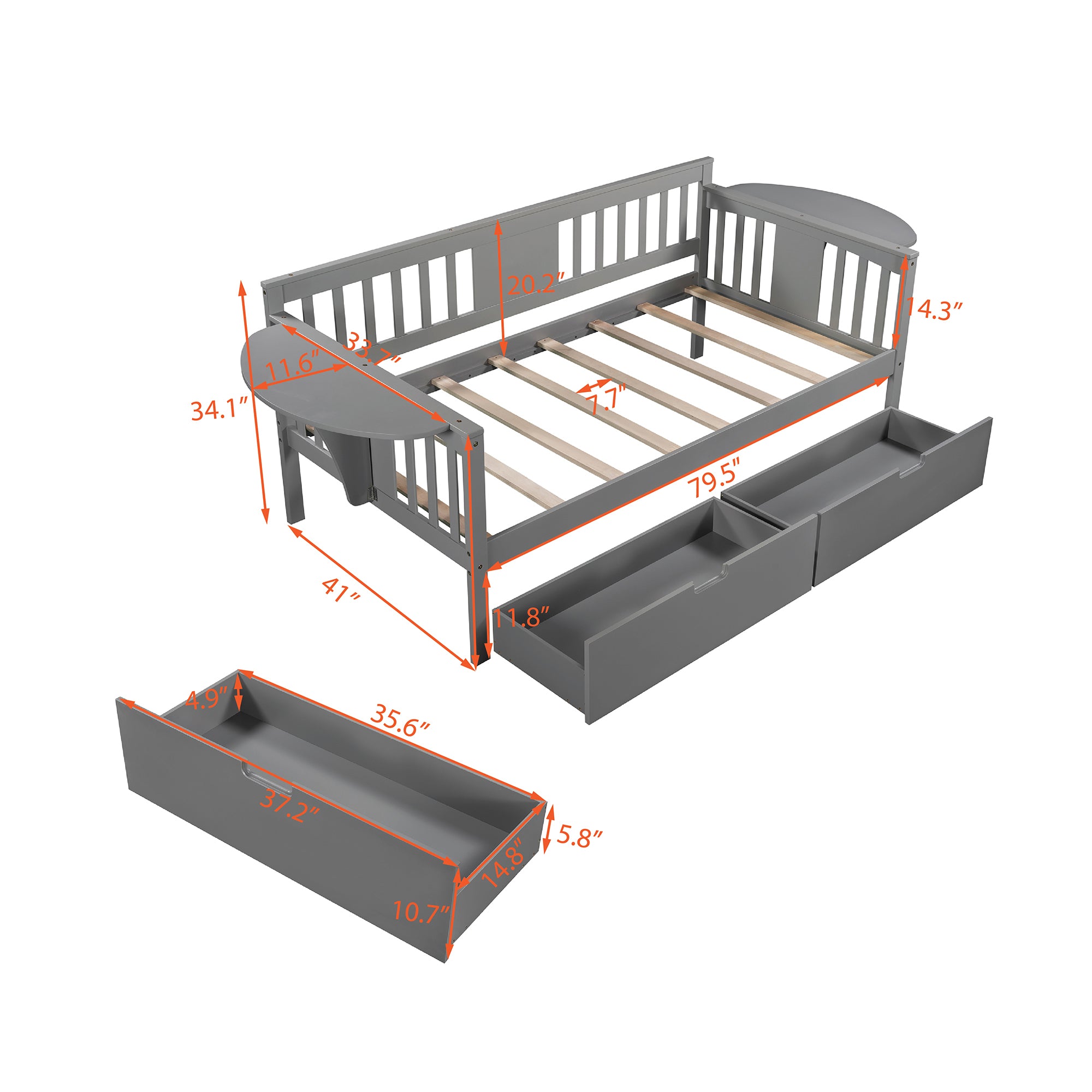 Twin size Daybed with Two Drawers  (Gray)