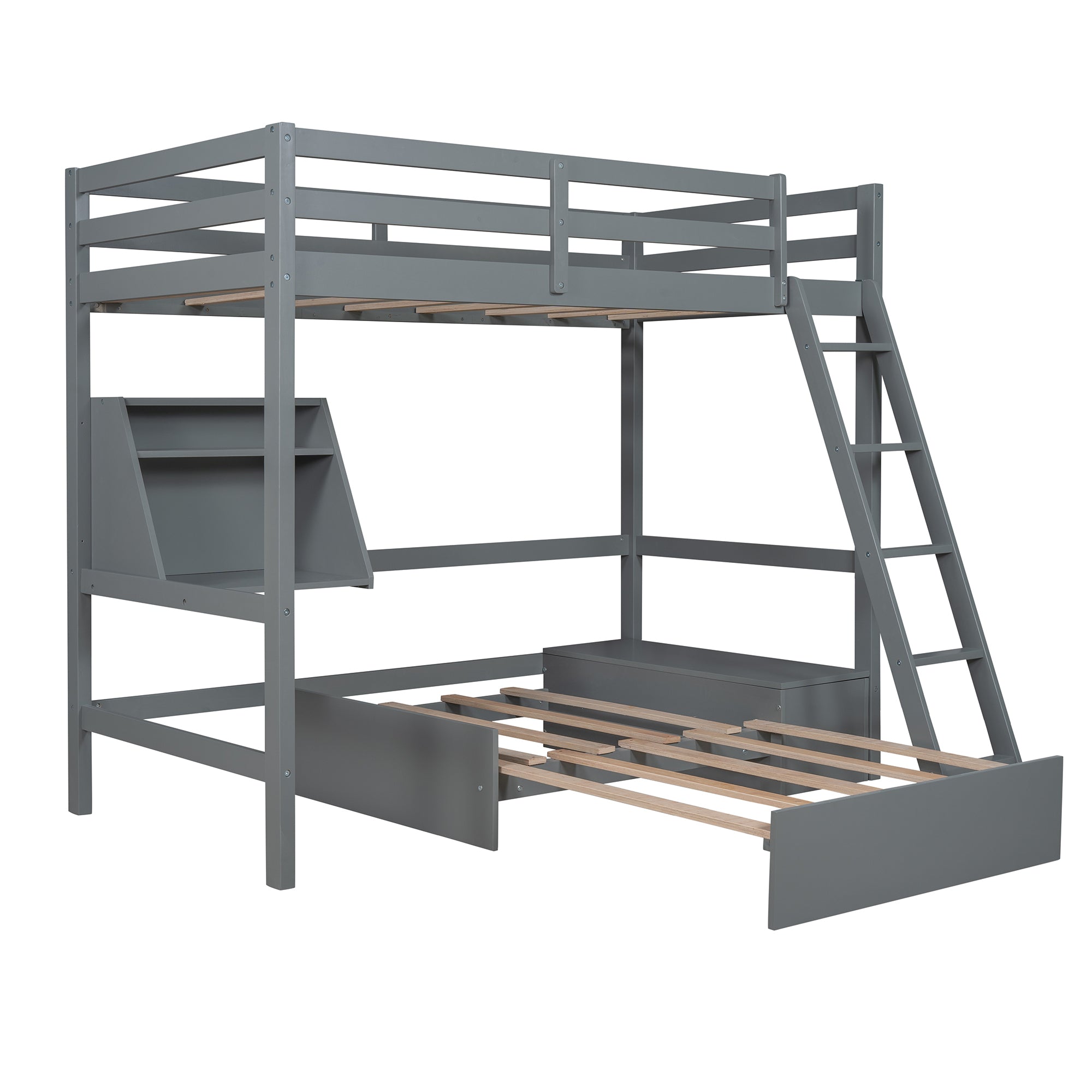 Twin Size Loft Bed Wood Bed with Convertible Lower Bed ( Gray )