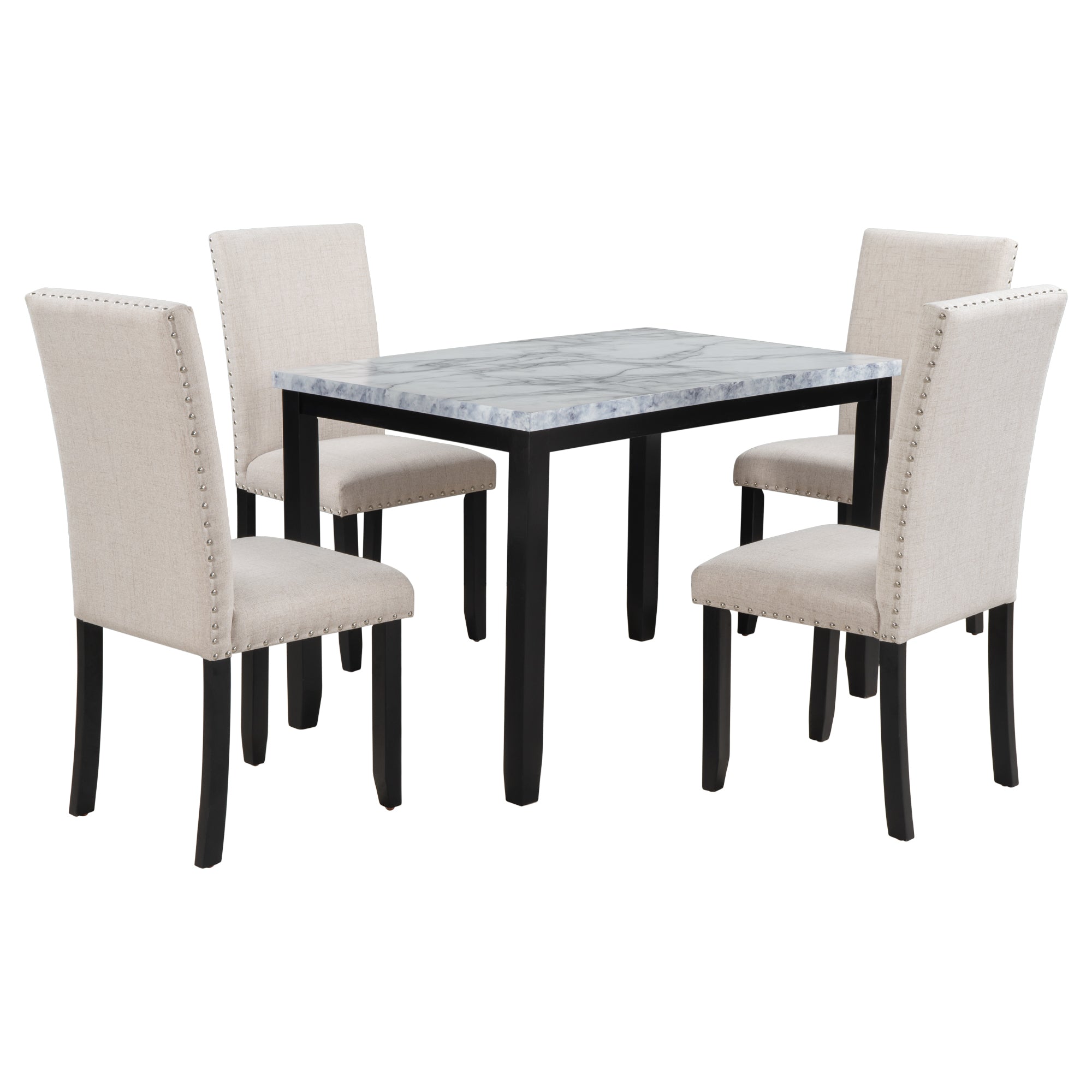 TREXM Faux Marble 5 Piece Dining Table with 4 Upholstered Dining Chairs Home (White/Beige+Black)