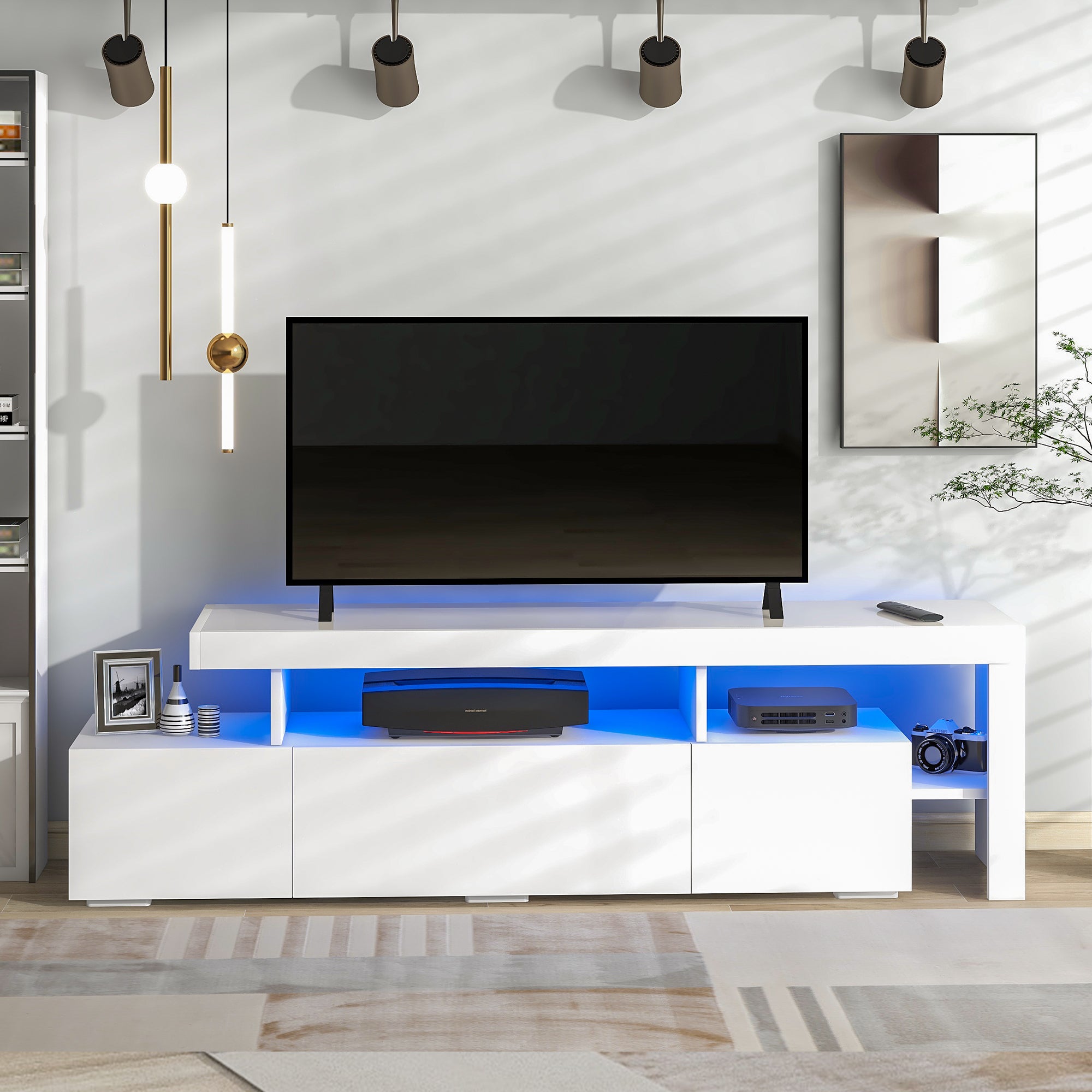 ON-TREND Contemporary LED Lights TV Cabinet Up to 70 Inch TV (White)