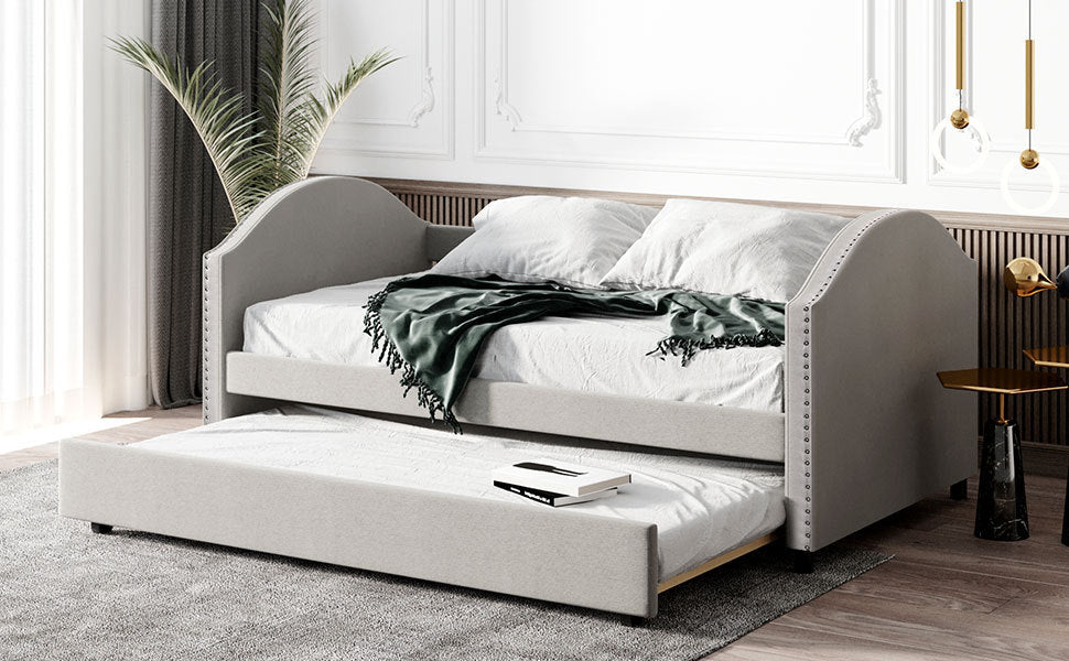 Full size Upholstered Daybed with Twin Size Trundle (Beige)