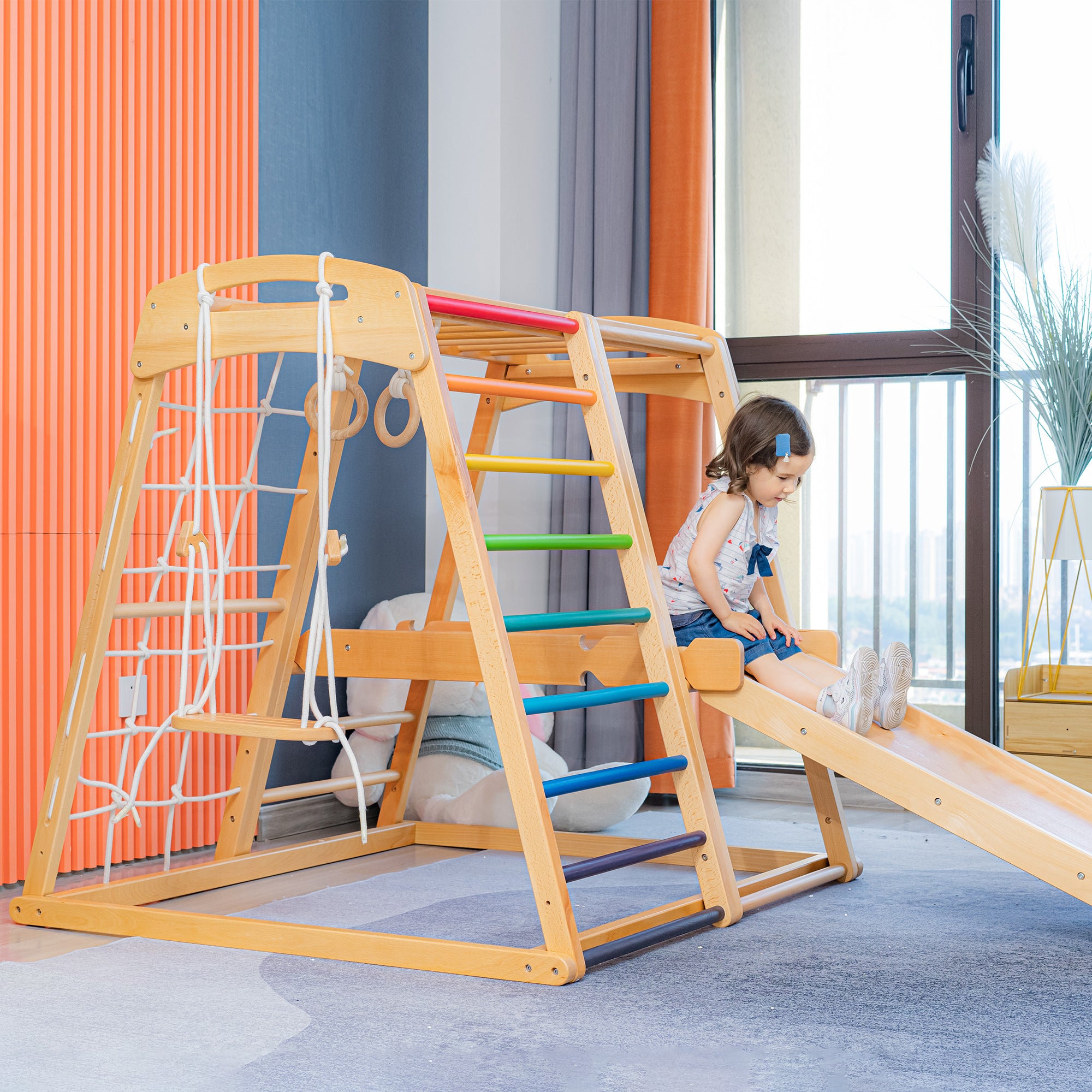 Indoor 7-in-1 Kids Wooden Climb Playset