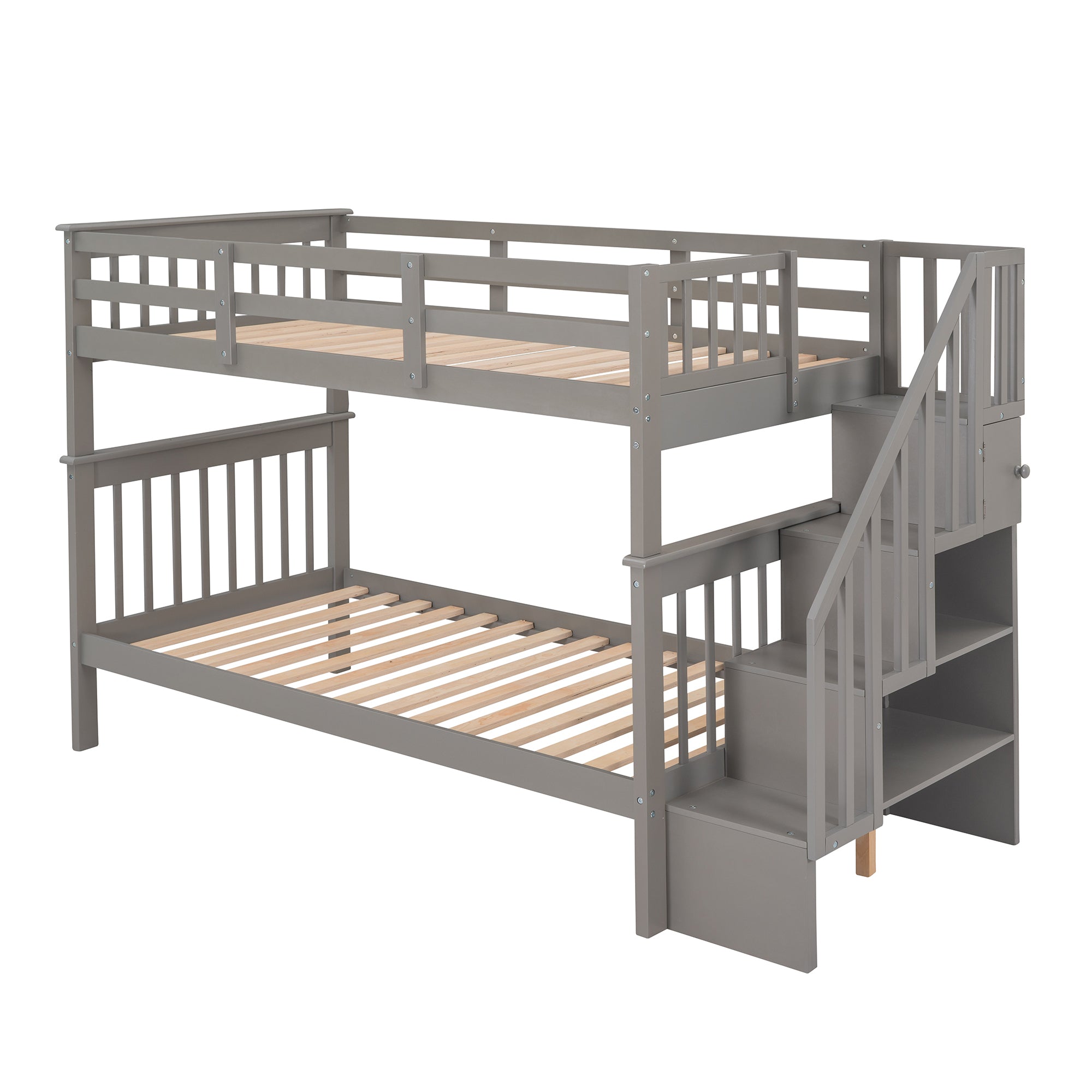 Stairway Twin-Over-Twin Bunk Bed with Storage and Guard Rail for Bedroom (Gray)