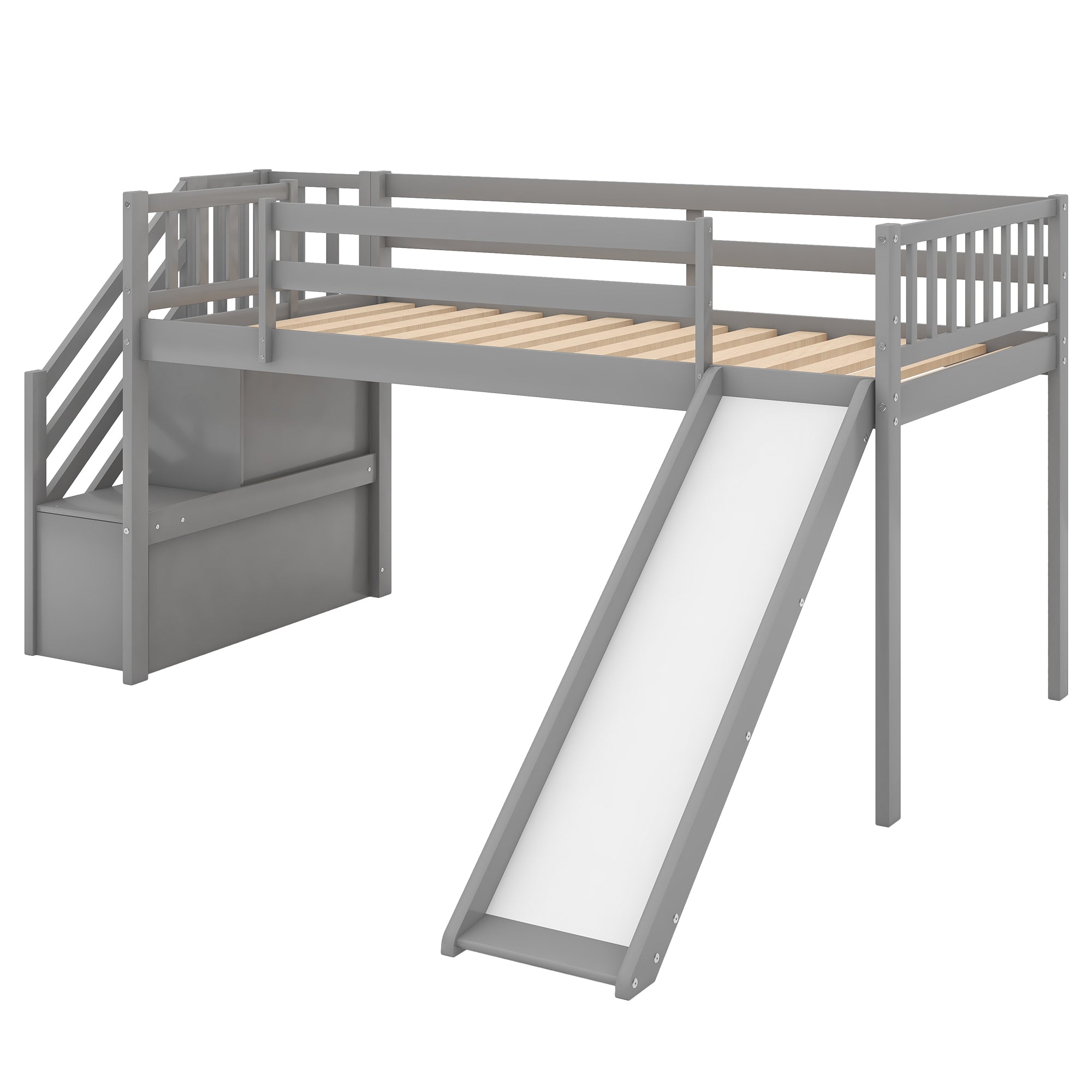 Twin Size Low Loft Bed with Adjustable Slide and Staircase (Gray)