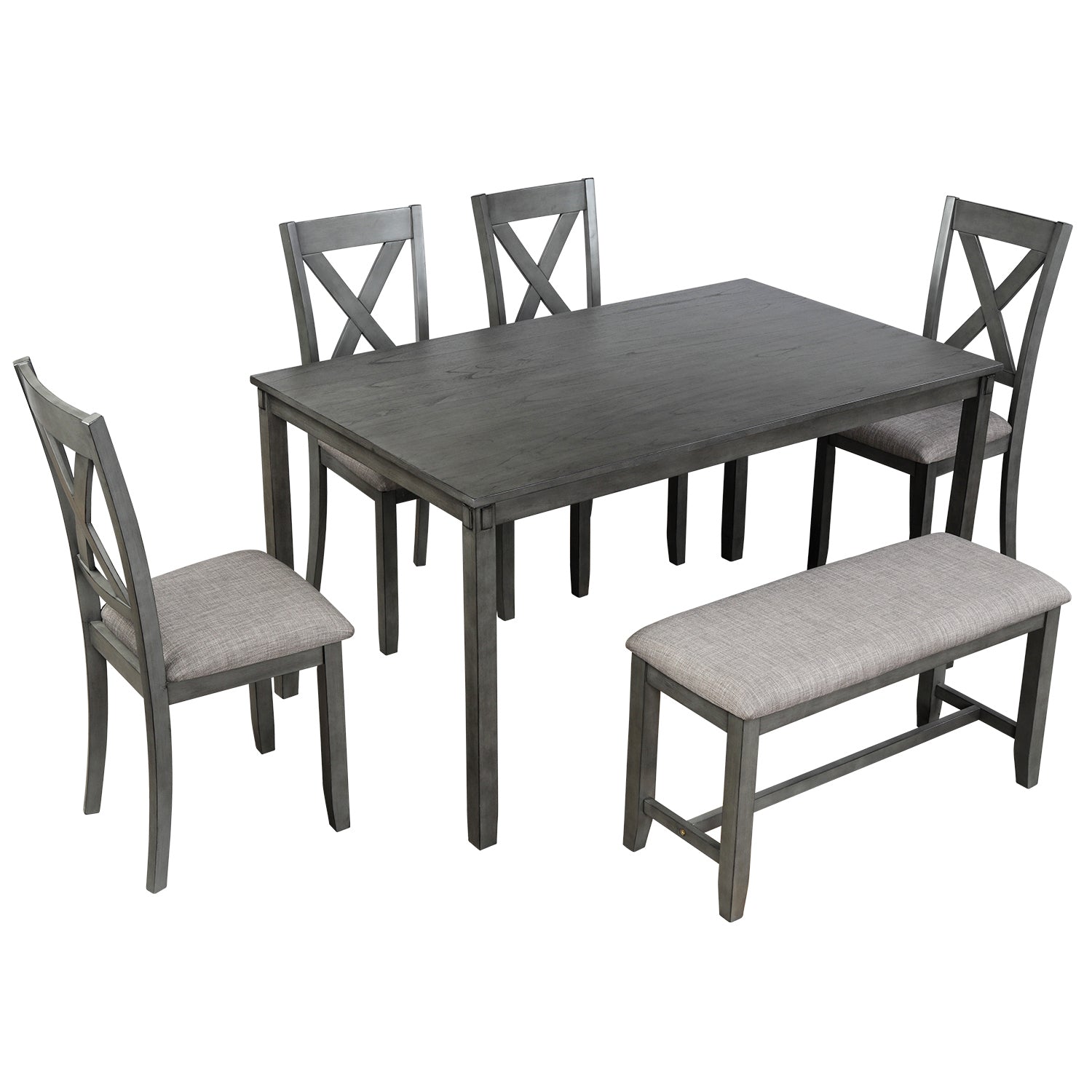 TREXM 6-Piece Set Dining Table, 4 Dining Chairs & Bench Home Furniture (Gray)