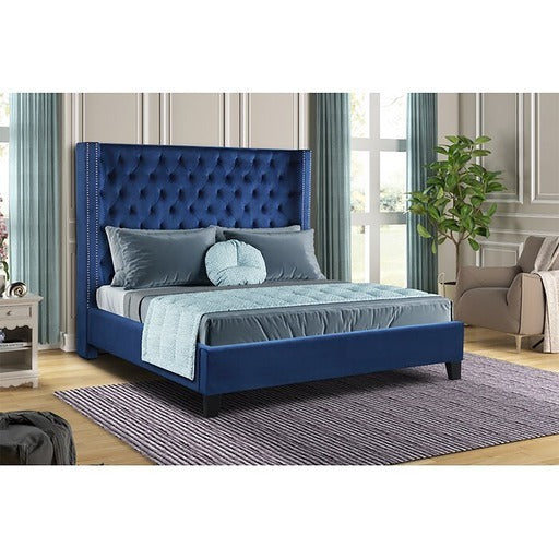 Tufted Velvet King Upholstered Bed (Blue)