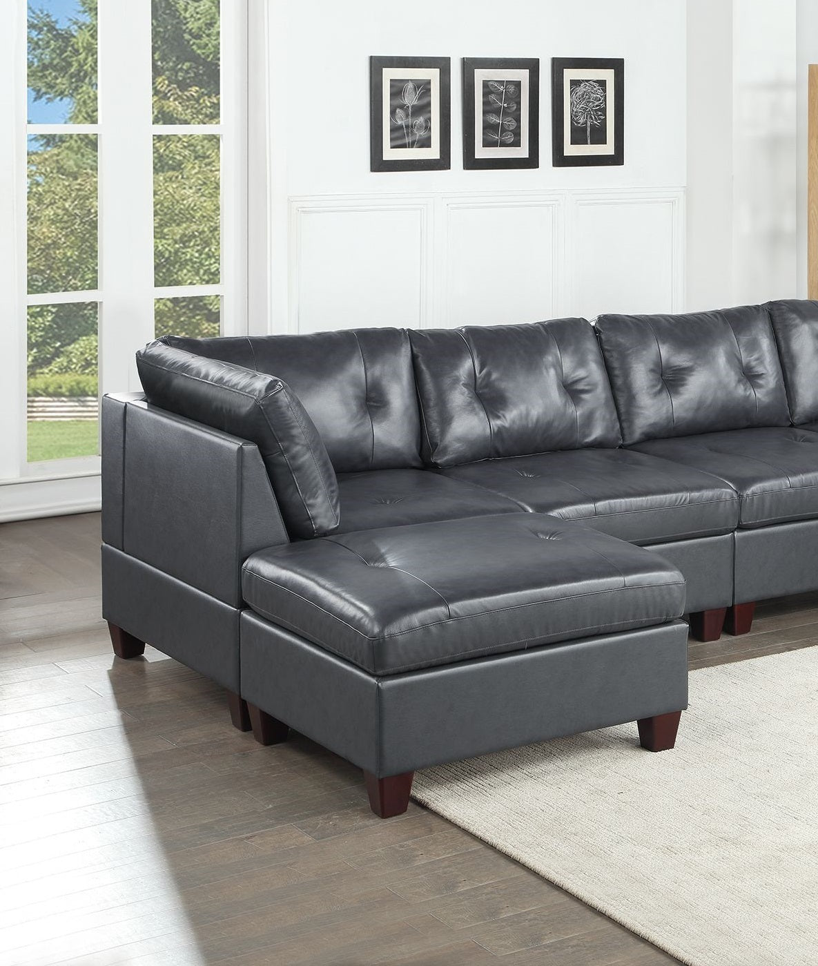 Leather Tufted 6 Piece Combination Set 2x Wedge 2x Armless Chair 2x Ottomans Sofa (Black)