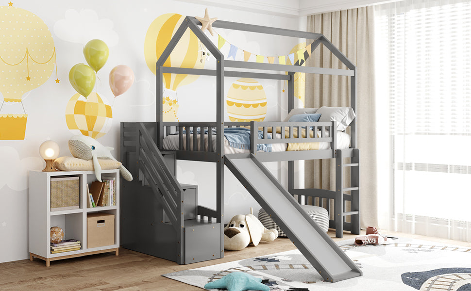 Twin Loft Bed with Two Drawers and Slide (Gray)