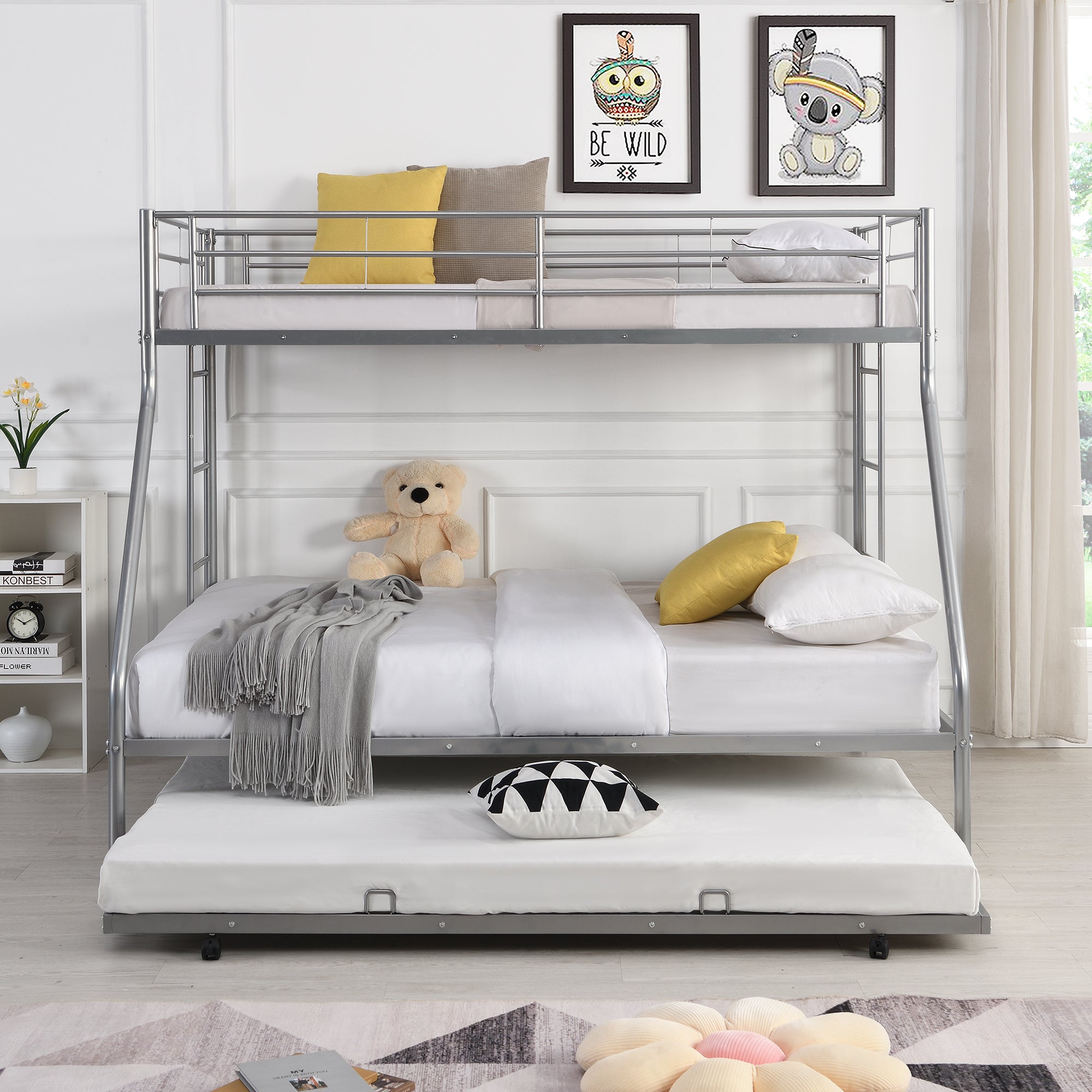 Twin over Full Bed with Sturdy Steel Frame (Silver)