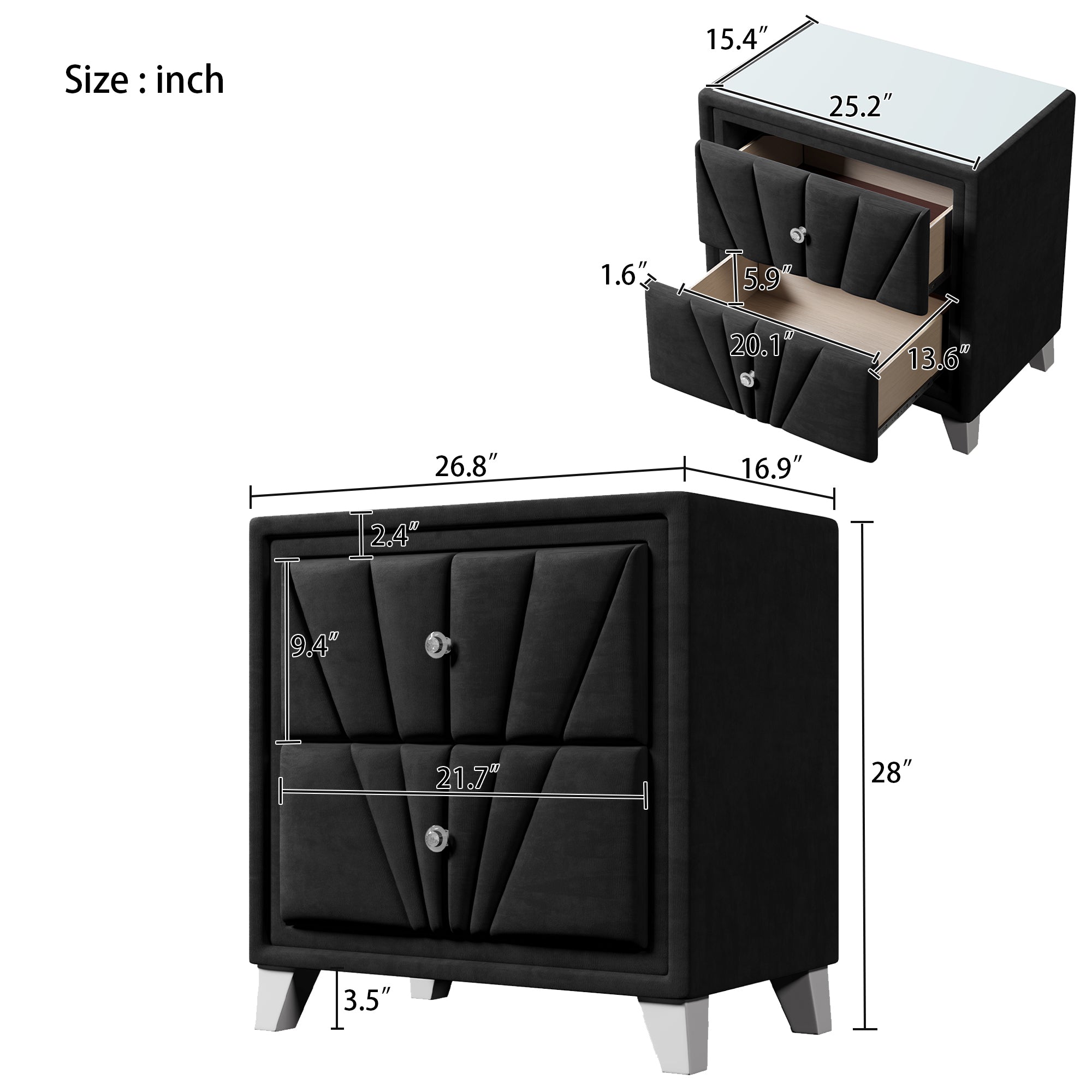 Two Drawers Gray Solid Wood (Black)