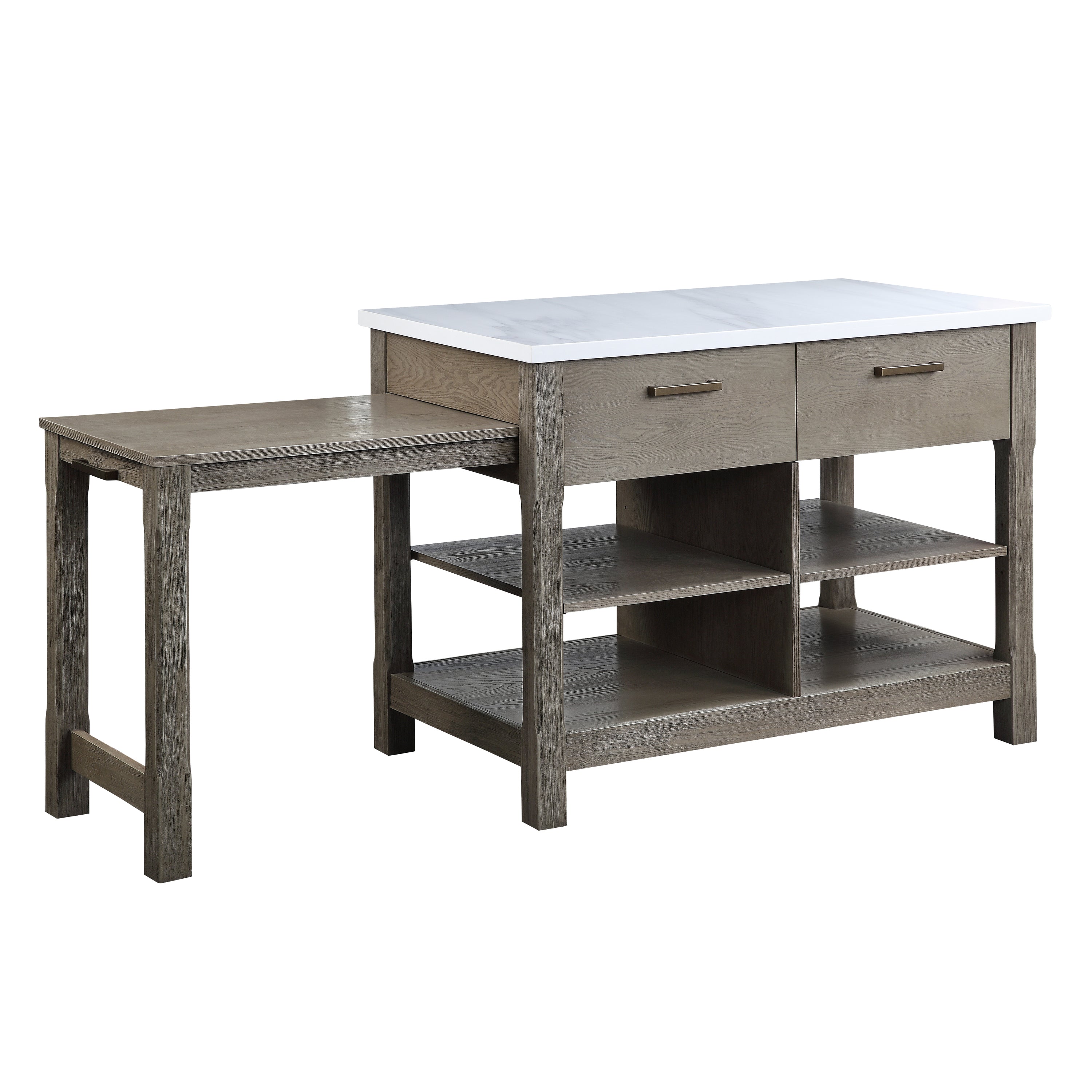 ACME Feivel Kitchen Island w/Pull Out Table in Marble Top Top & Rustic Oak Finish