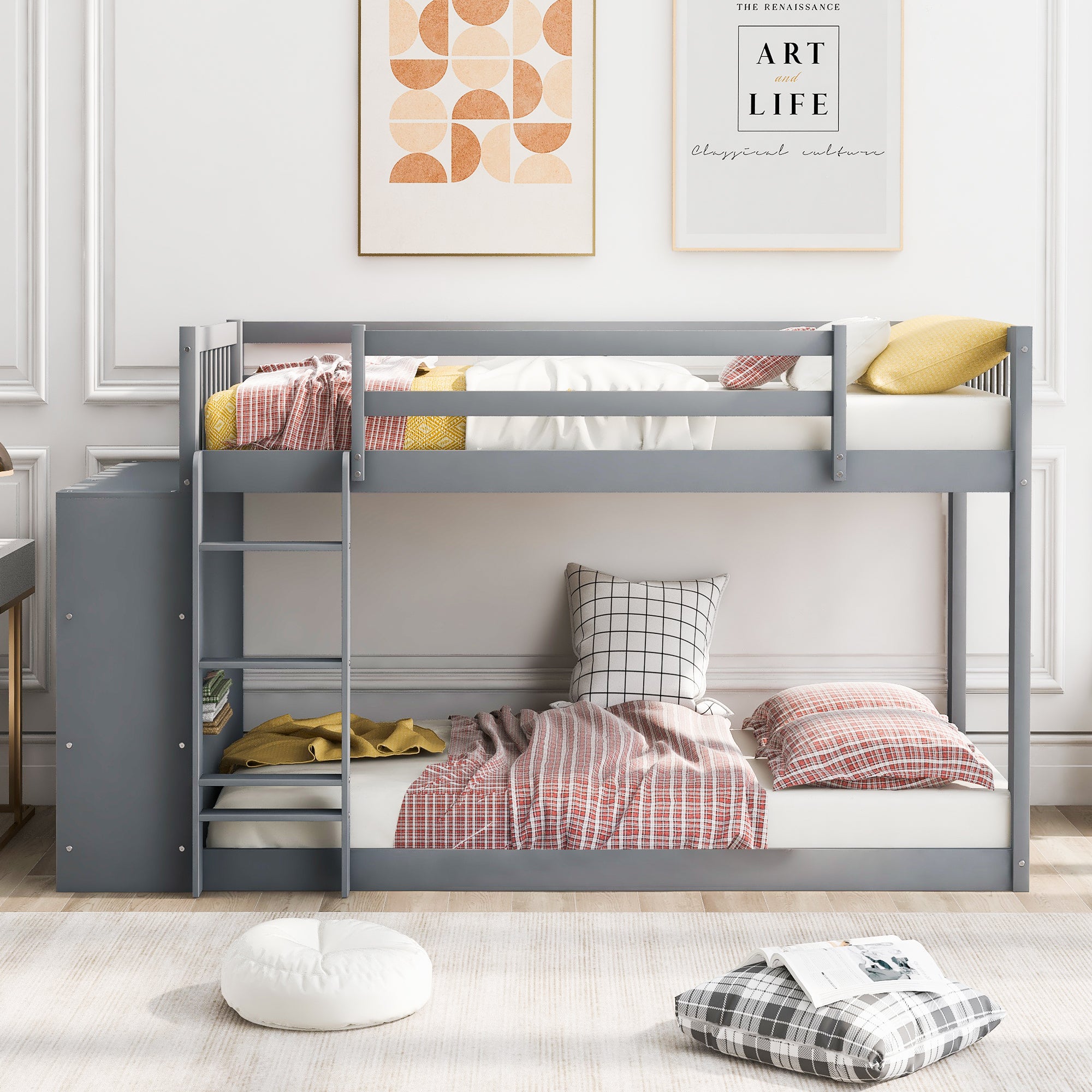 Twin over Twin Bunk Bed with Attached Cabinet and Shelves Storage (Gray)