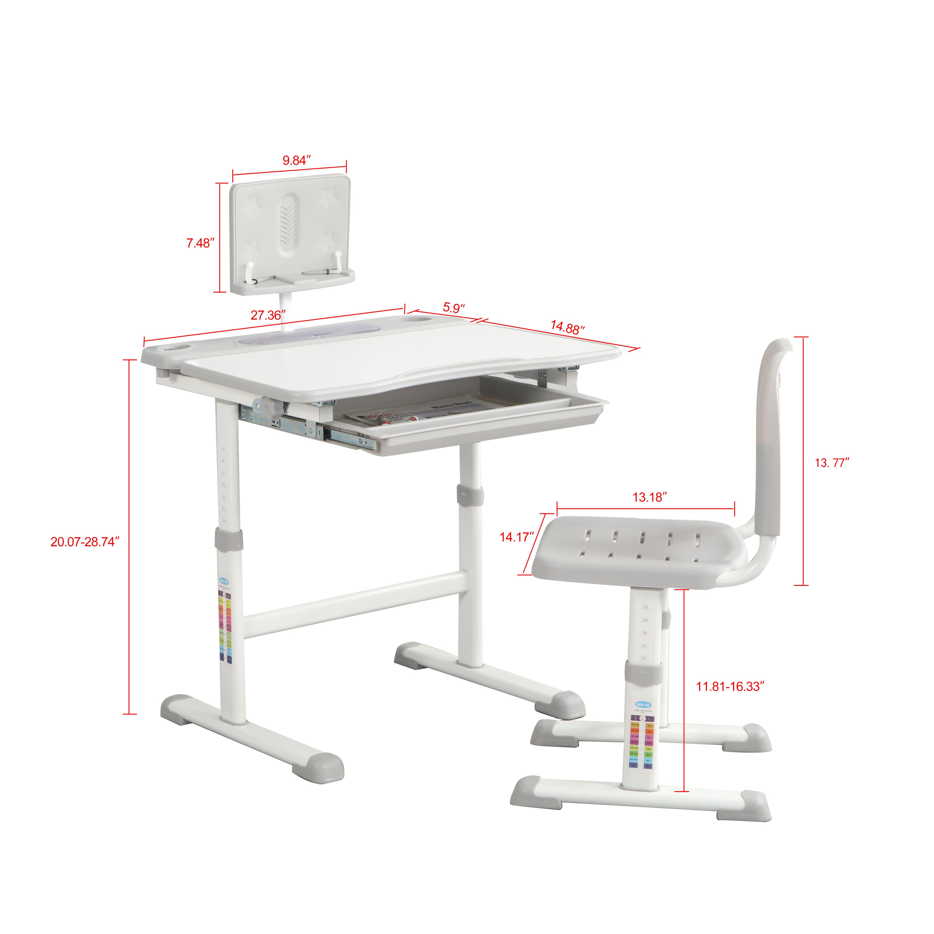 Adjustable Kids Study Table & Chair Set (Grey)