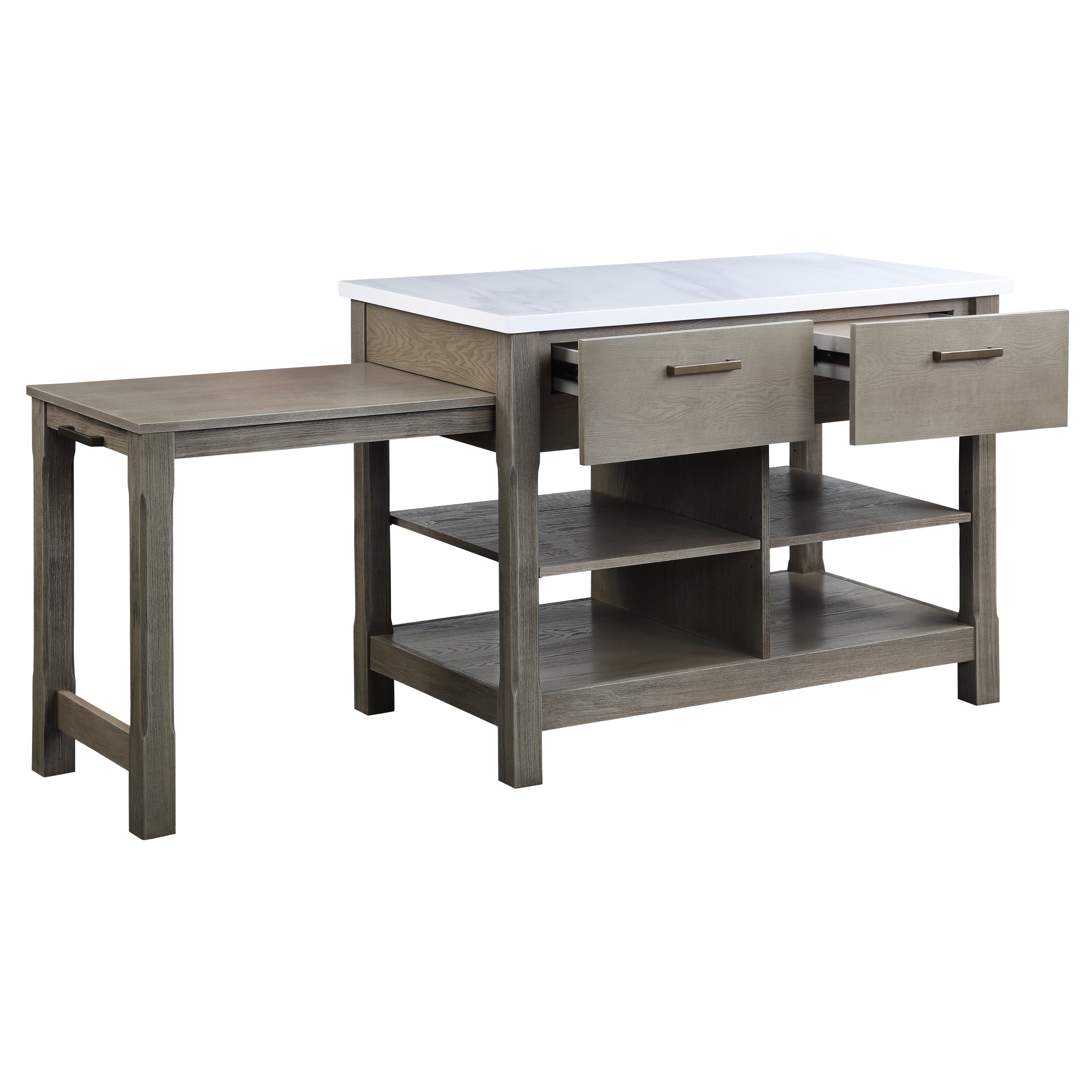 ACME Feivel Kitchen Island w/Pull Out Table in Marble Top Top & Rustic Oak Finish