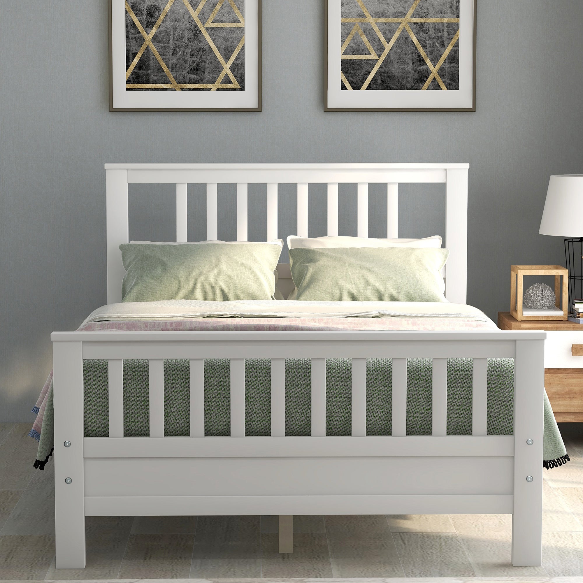 Wood Platform Bed with Headboard and Footboard, Full (White)