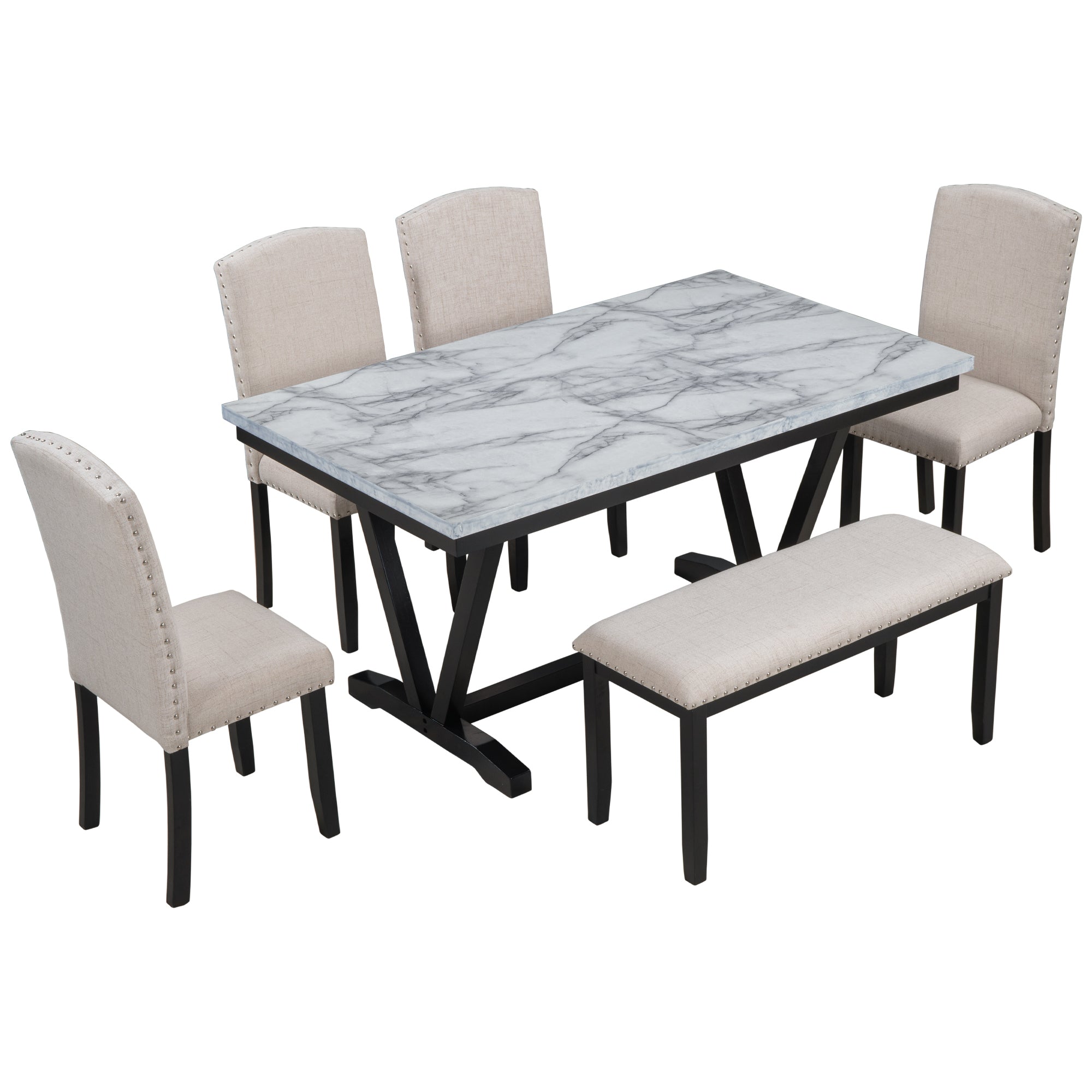 TREXM 6-piece Dining Table with 4 Chairs and 1 Bench, Table with Marble Veneer Top and V-shaped Legs (white)