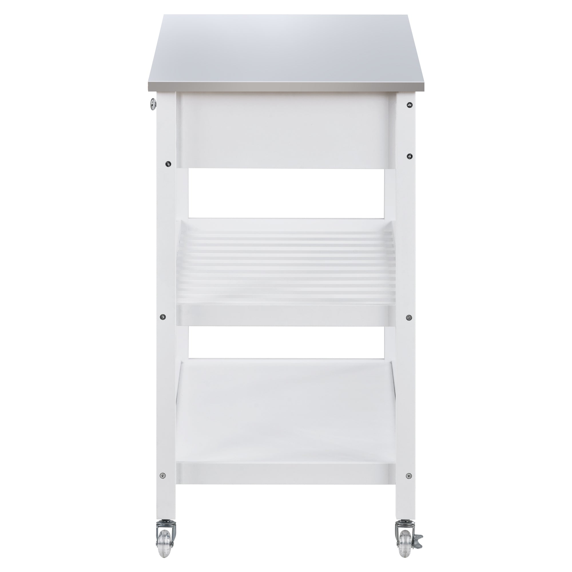 Rolling Kitchen Cart with Stainless Steel Top and Locking Wheels 43.3" Wide Bamboo Wood Frame (White)