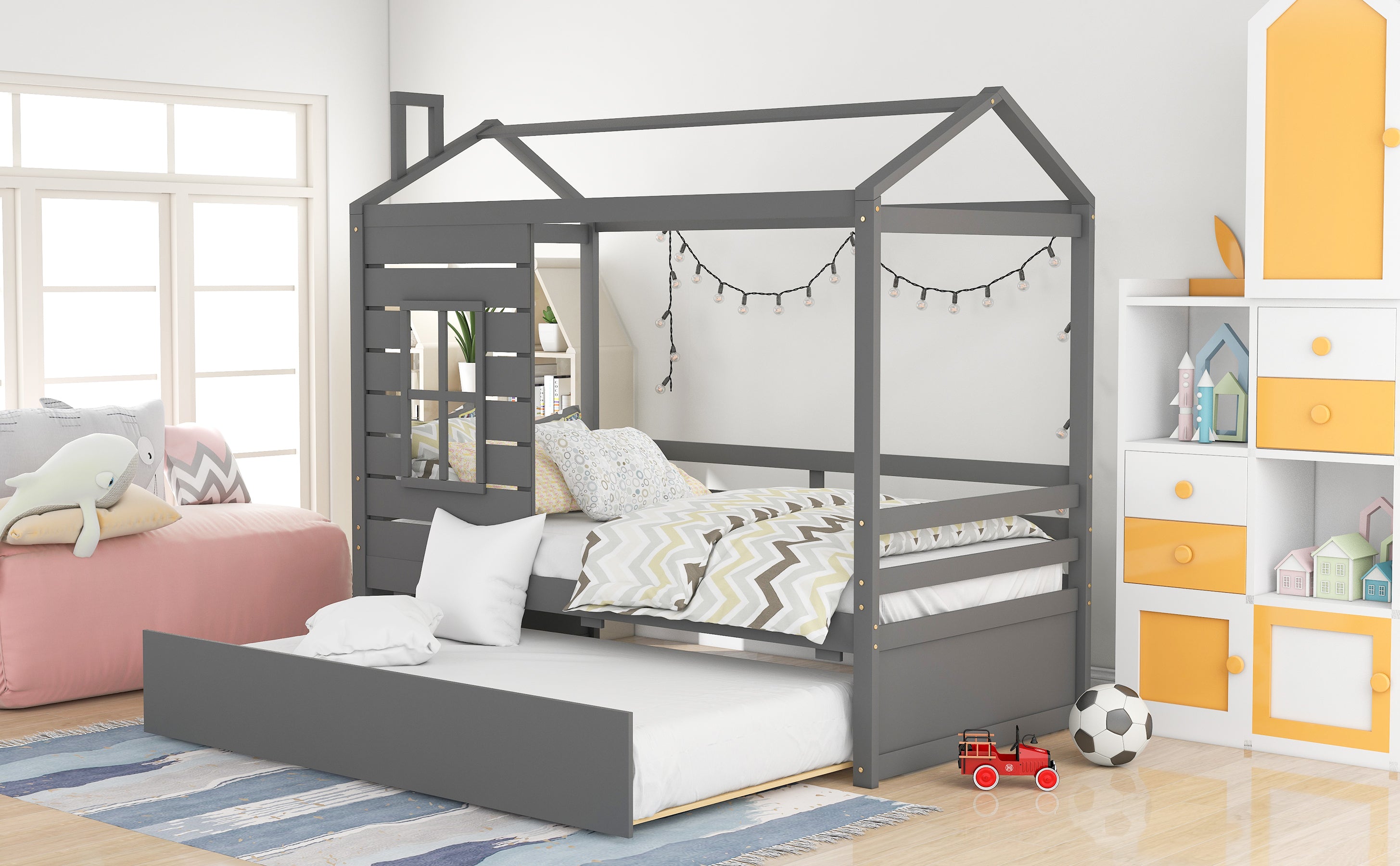 Twin Size House Bed Wood Bed with Twin Size Trundle (Gray)