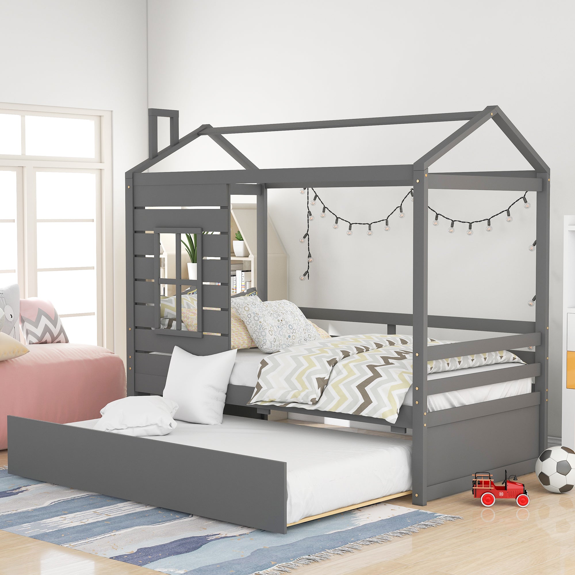 Twin Size House Bed Wood Bed with Twin Size Trundle (Gray)