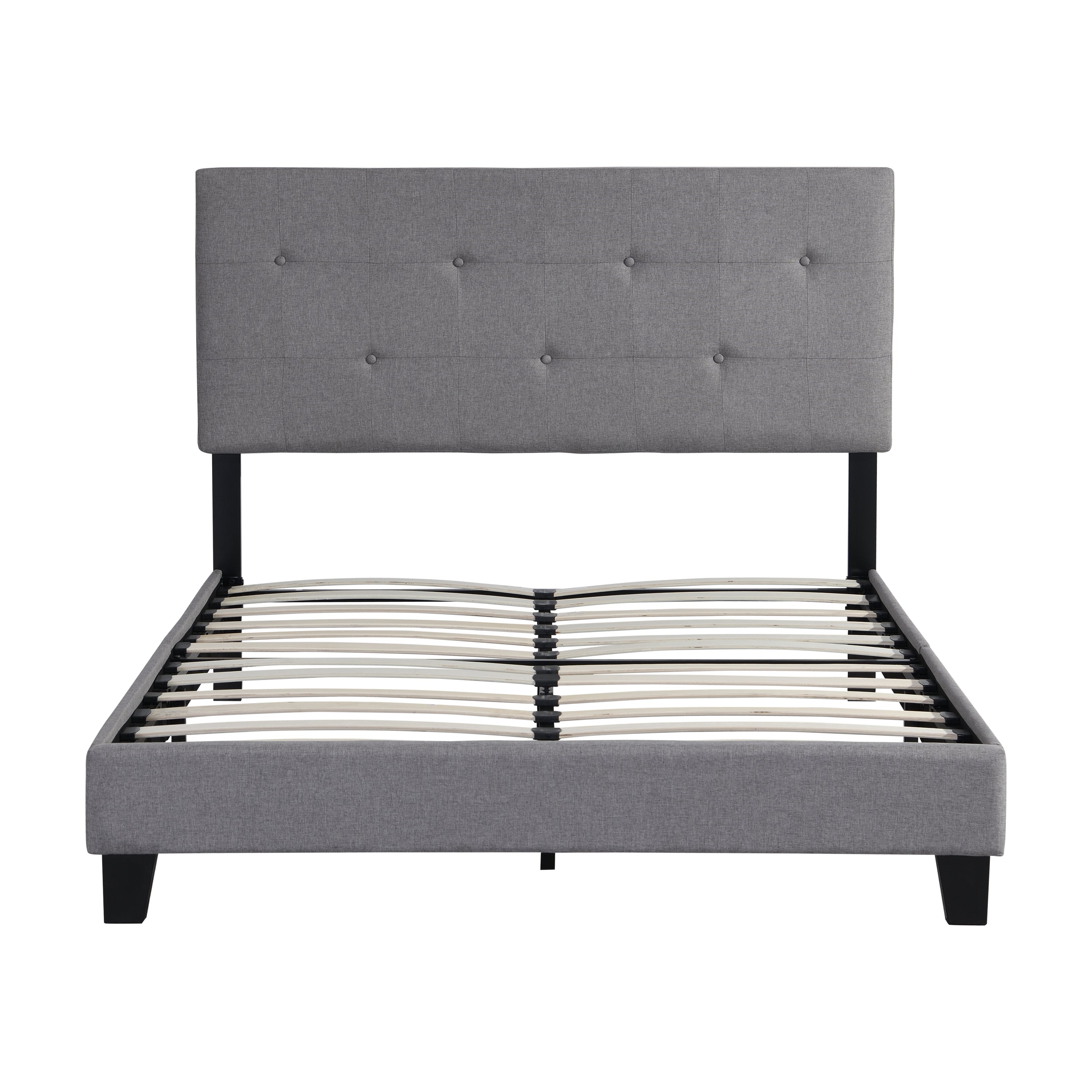 Full Size Upholstered Platform Bed Frame with Modern Button Tufted Linen Fabric Headboard (Grey)