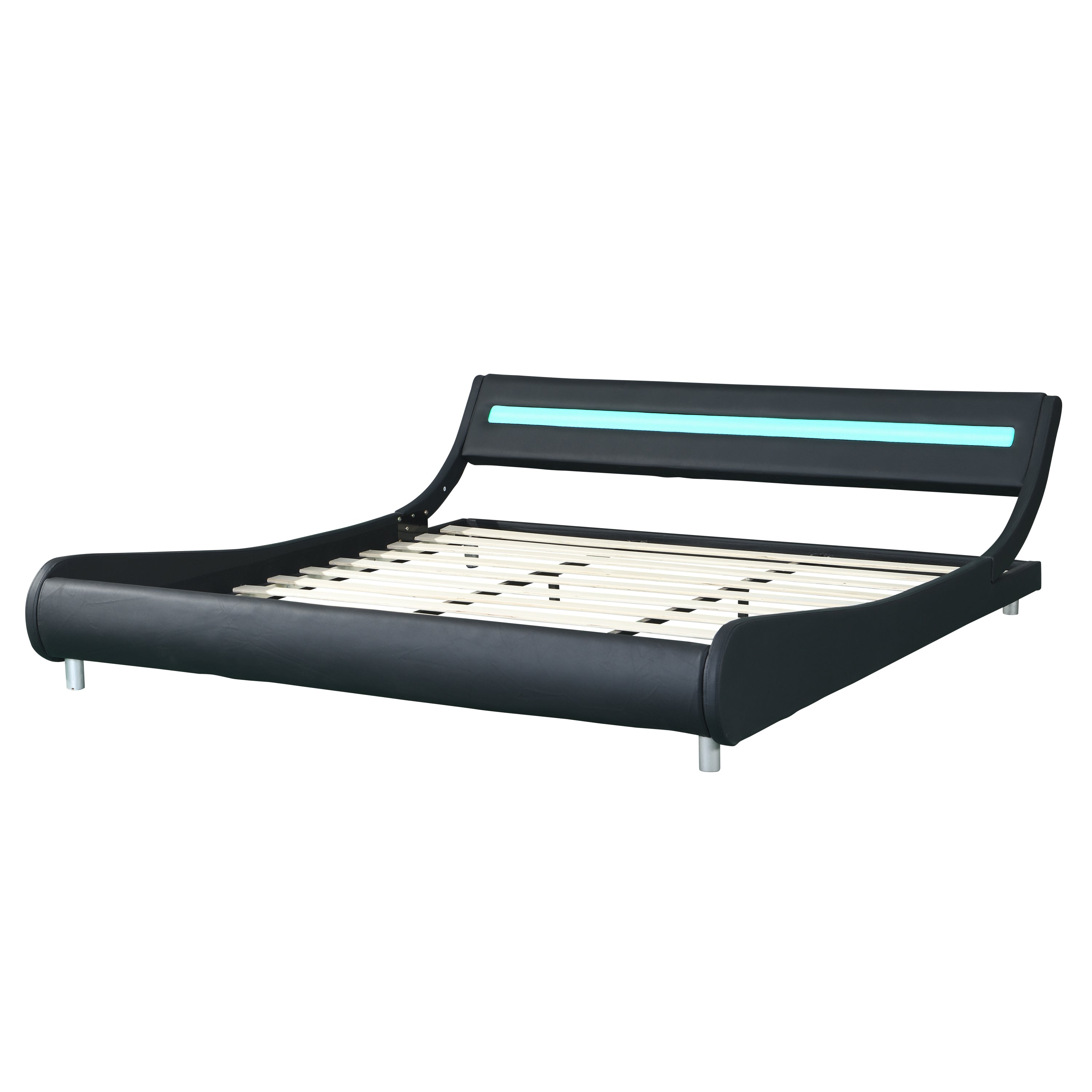 Faux Leather Upholstered Platform Bed Frame with Led Lighting King Size (Black)