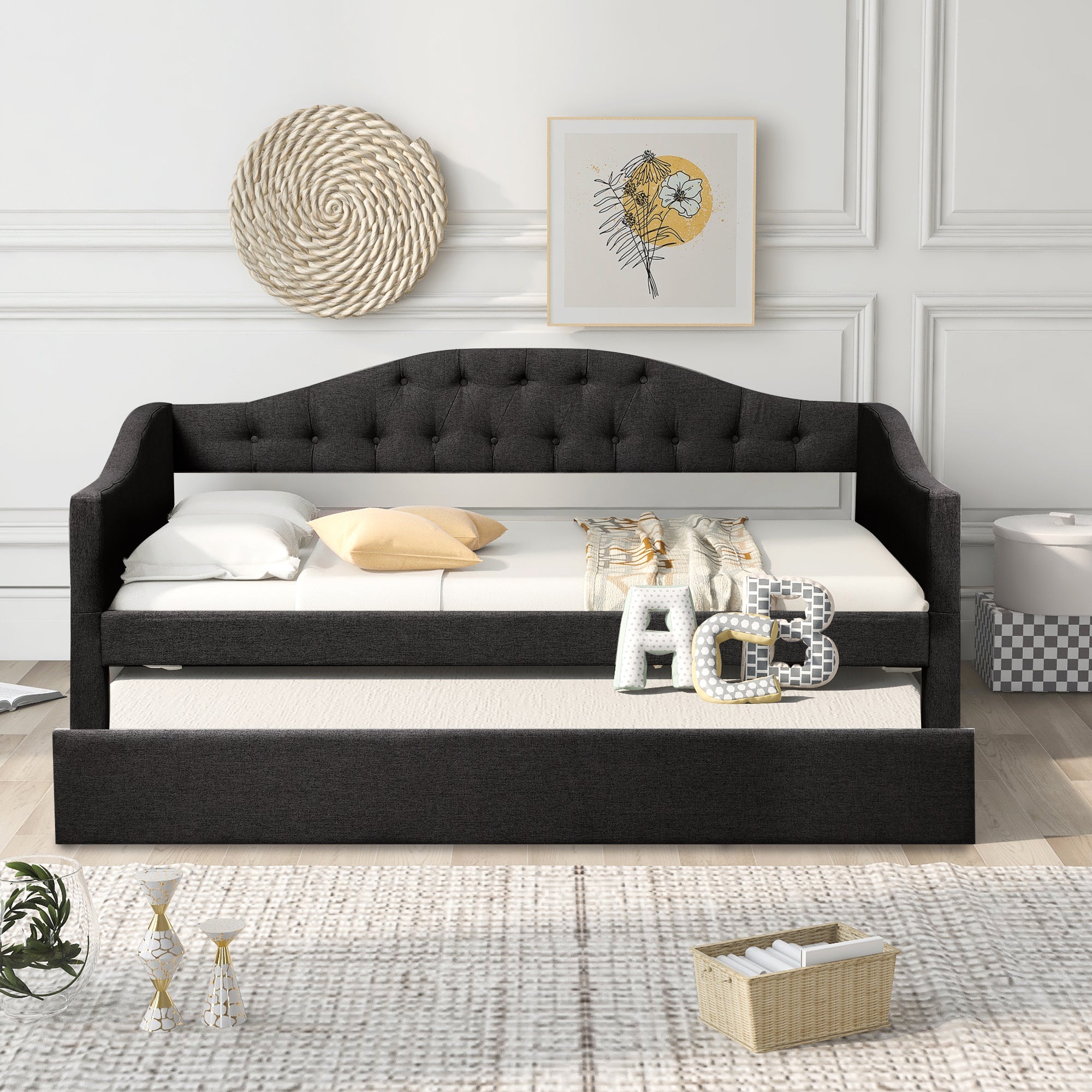 Upholstered Twin Size Daybed with Trundle (Gray)