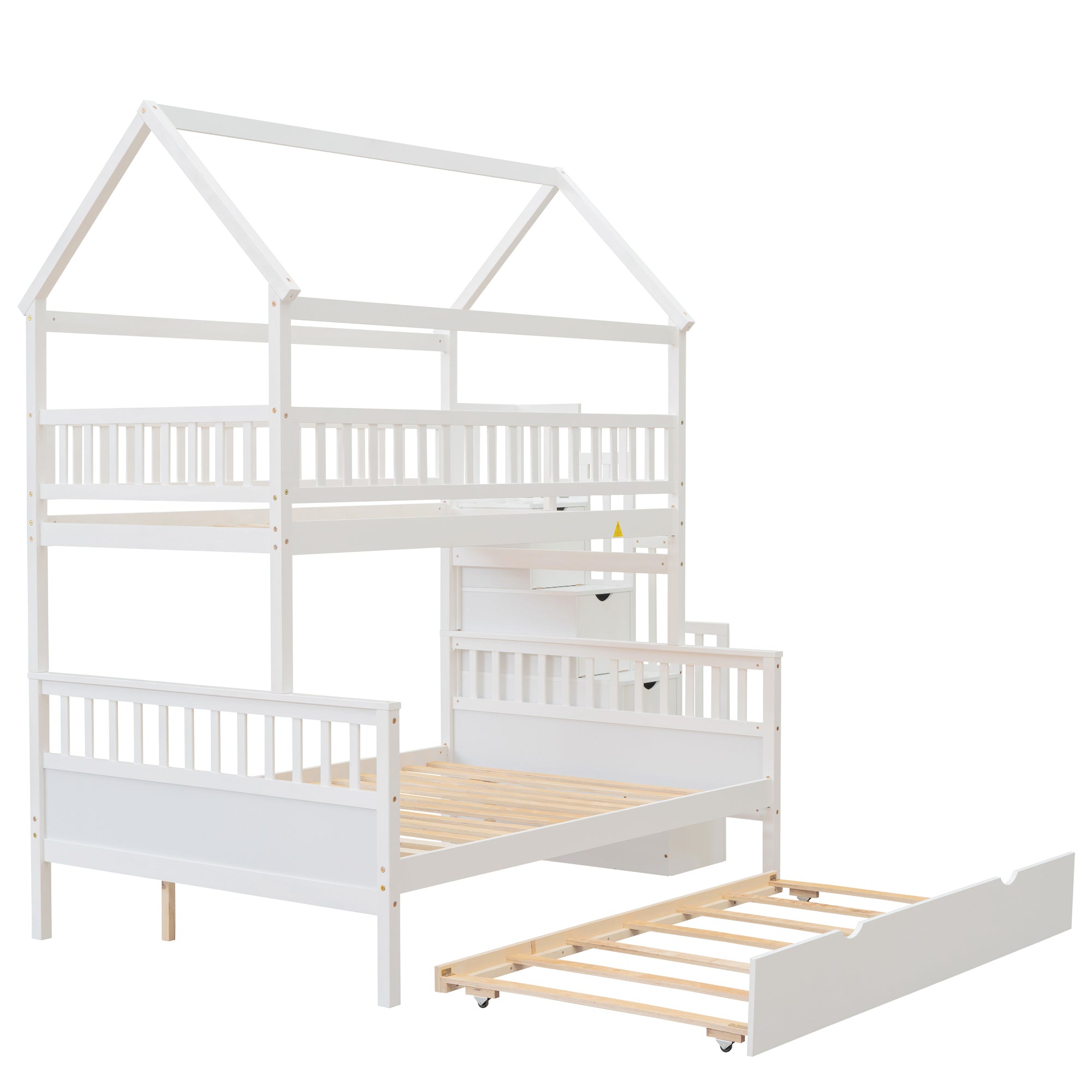 Twin over Full Size House Bunk Bed with Storage Staircase and Trundle (White)