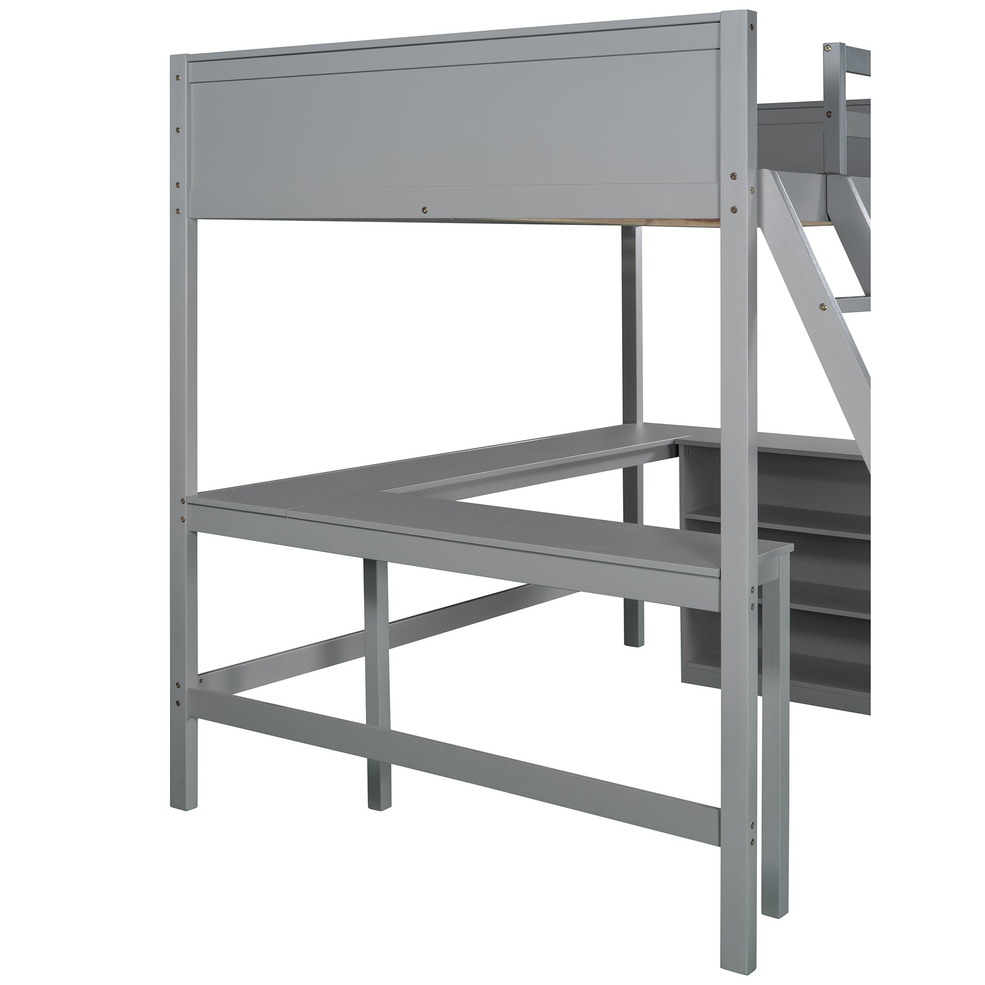 Full size Loft Bed with Shelves and Desk, Wooden Loft Bed with Desk (Gray)