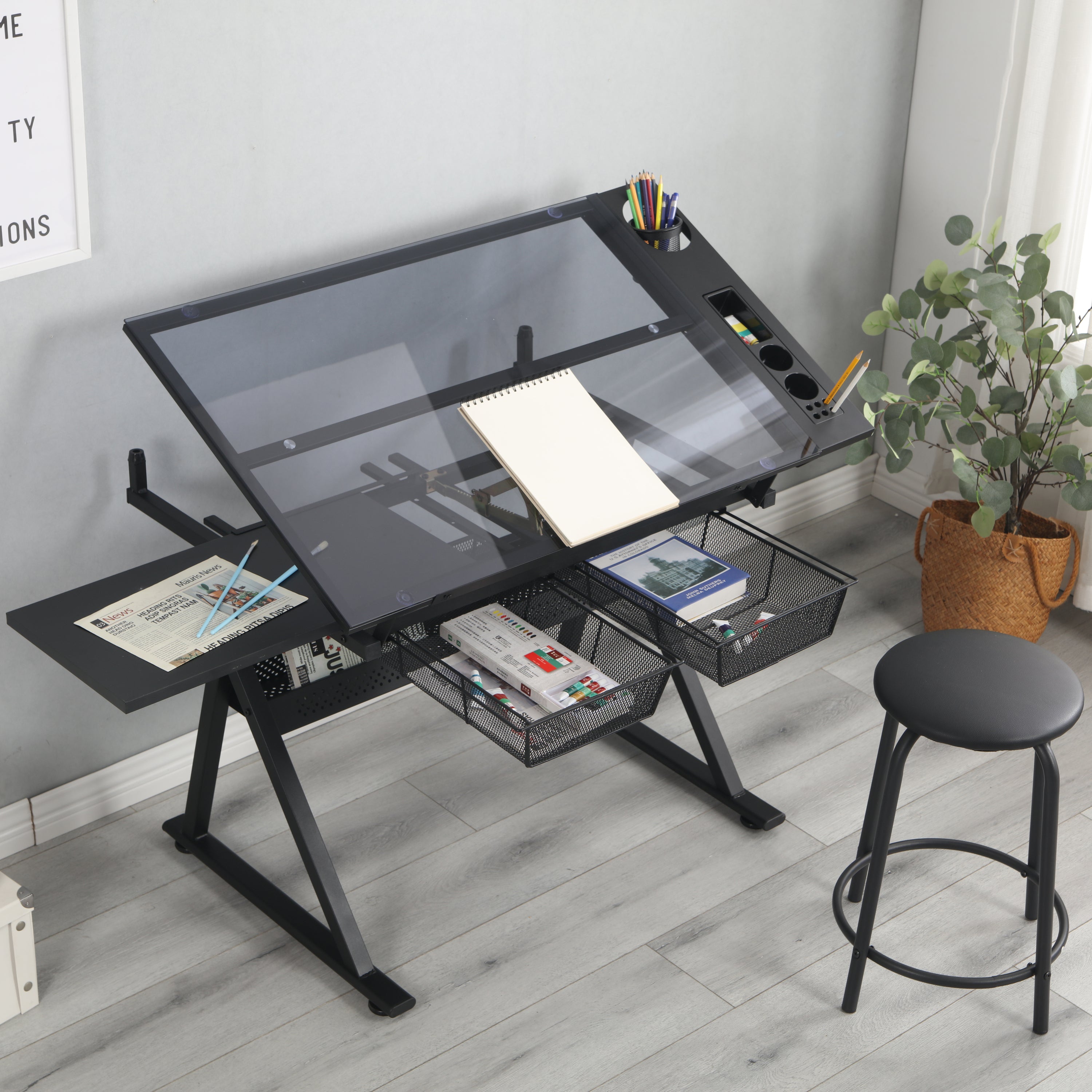 Adjustable Tempered Glass Drawing Table and Chair (Black)