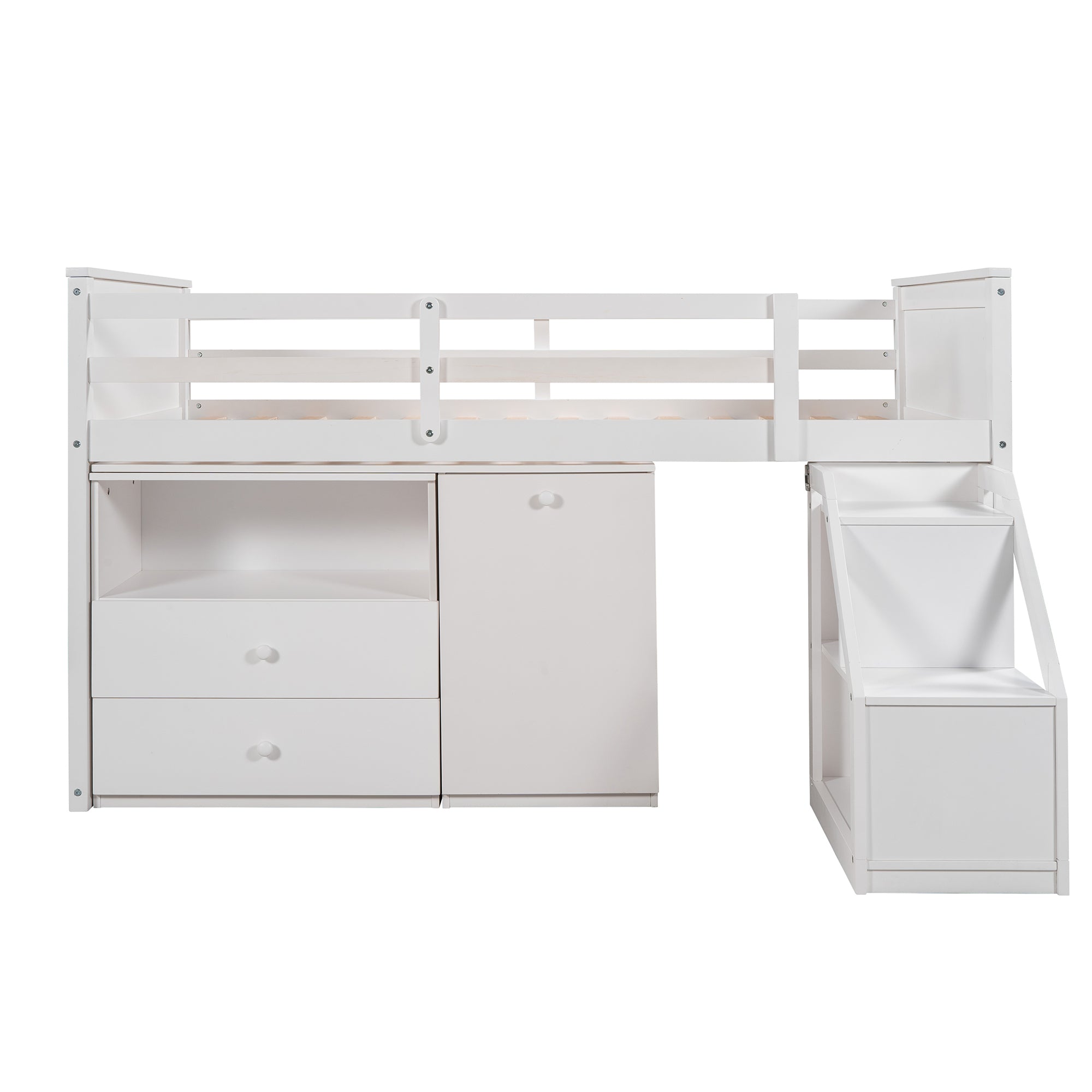 Loft Bed Low Study Twin Size Loft Bed With Storage Steps and Portable Desk (White)