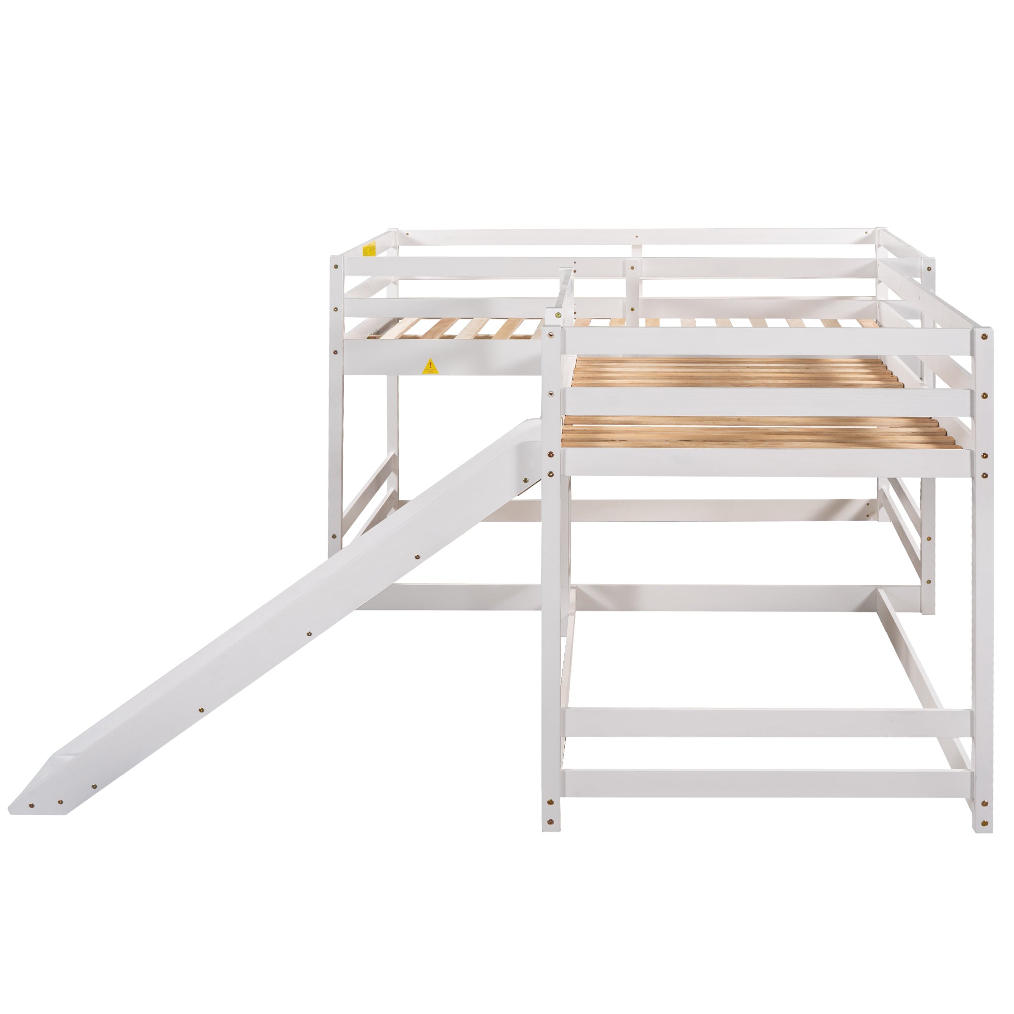 Full and Twin Size L-Shaped Bunk Bed with Slide and Short Ladder (White)