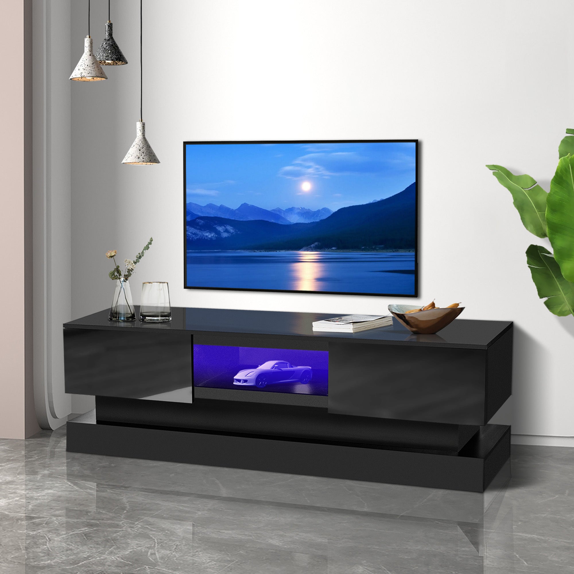 1.6M Black Modern TV Stand with LED Light (Black)