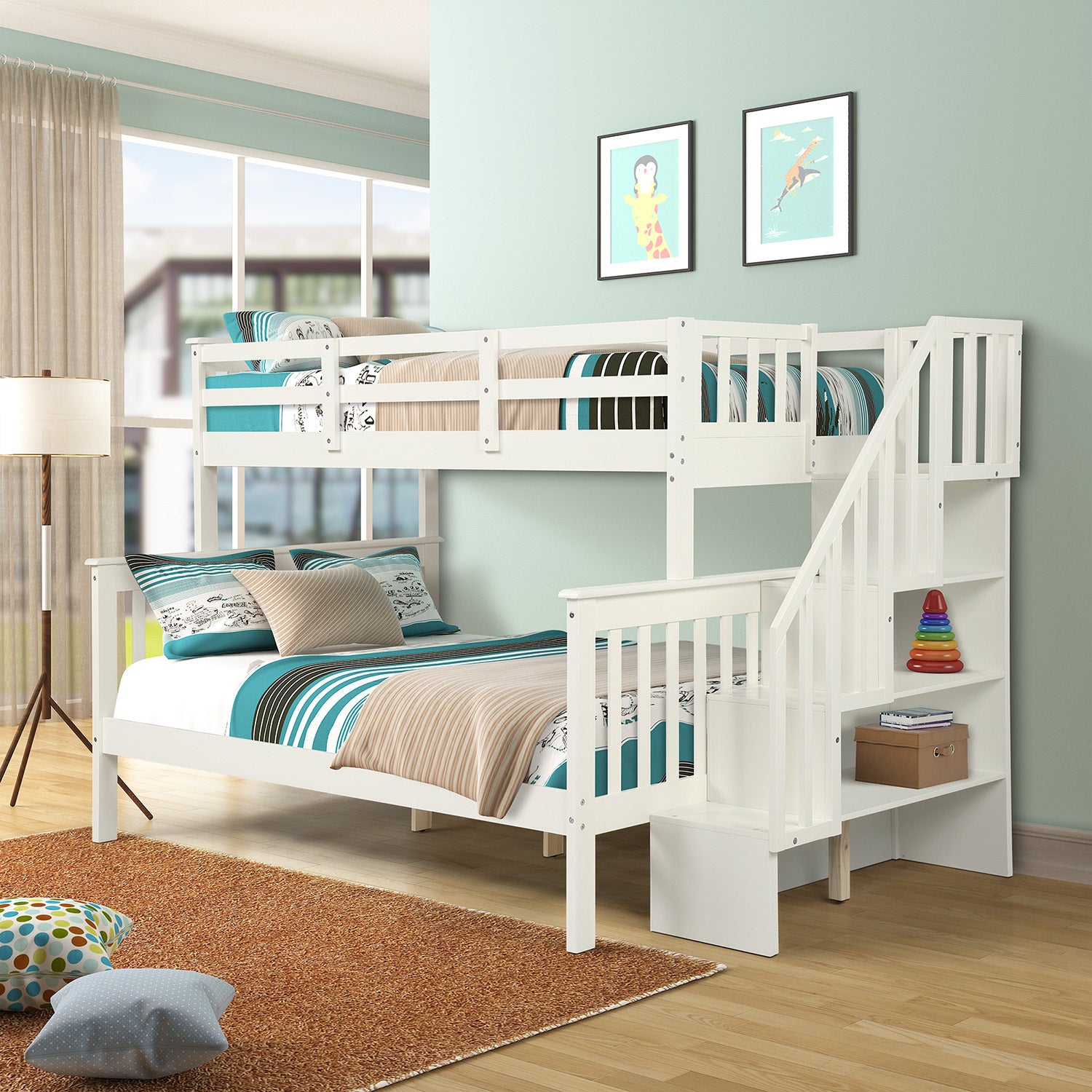 Stairway Twin-Over-Full Bunk Bed with Storage and Guard Rail for Bedroom (White)