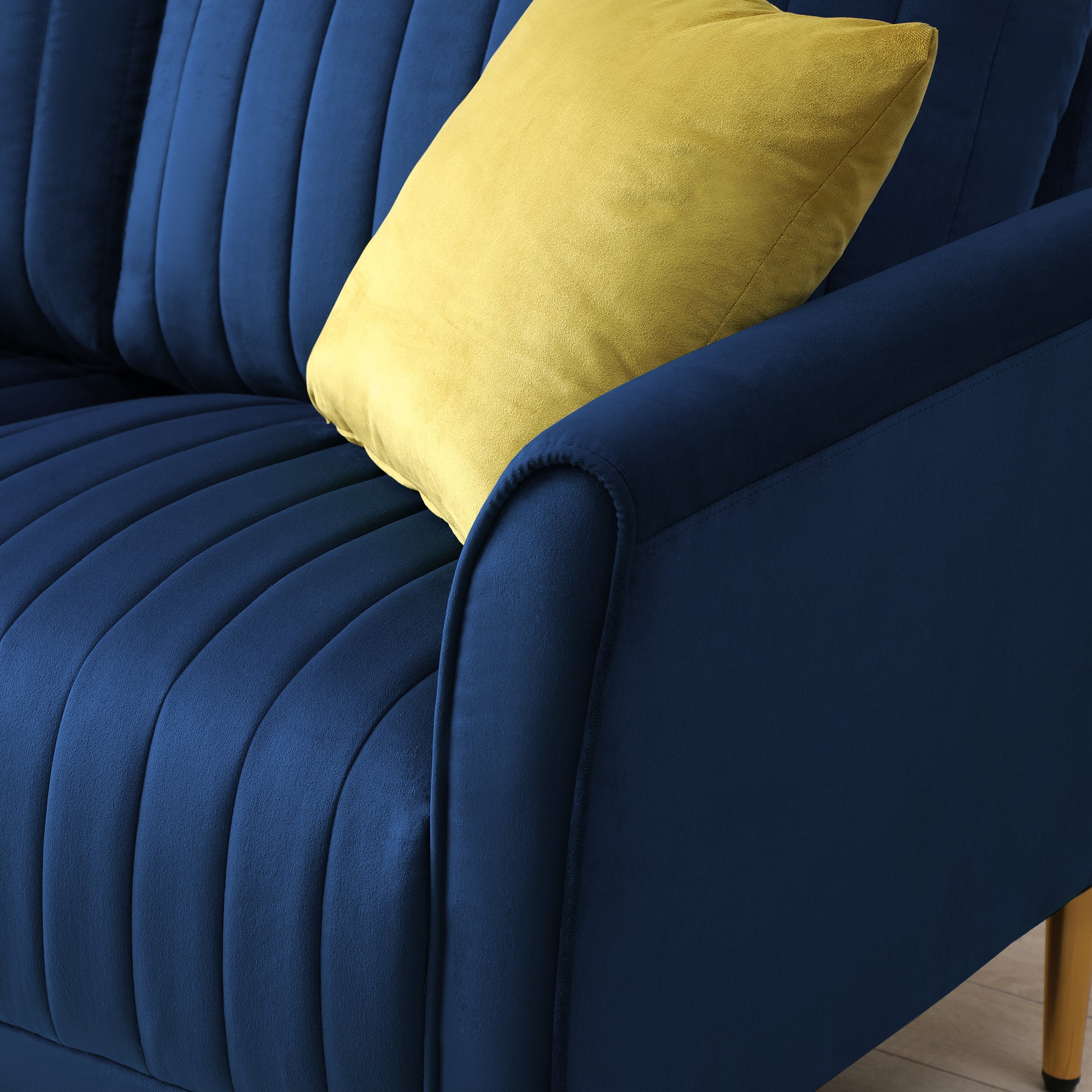 Velvet Accent Chair Round Arm Chair with Gold Legs, Upholstered Single Sofa for Living Room Bedroom, Navy Blue with 1 Throw Pillow