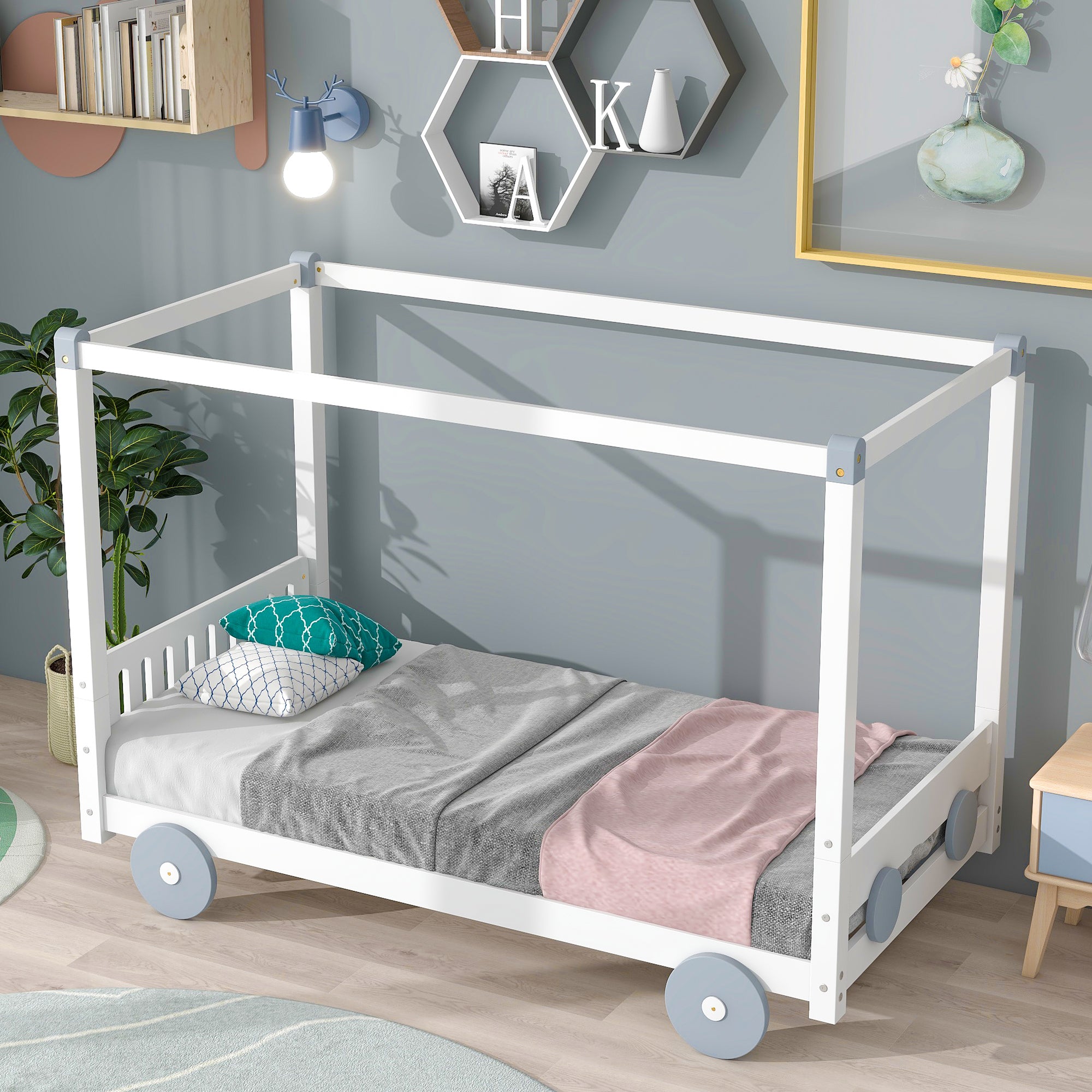 Twin Size Canopy Car-Shaped Platform Bed (White)