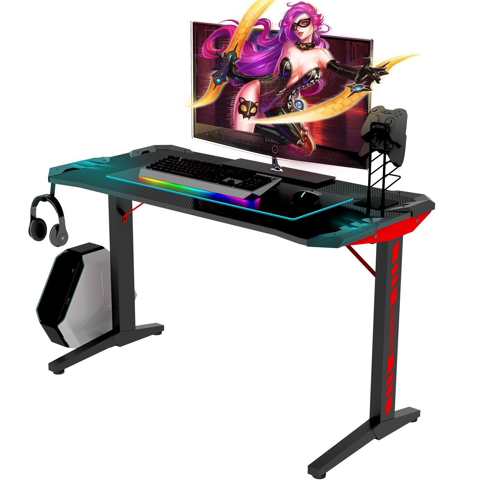 High Quality Gaming Table T Shape Black MDF LED Gaming Desk (Black)