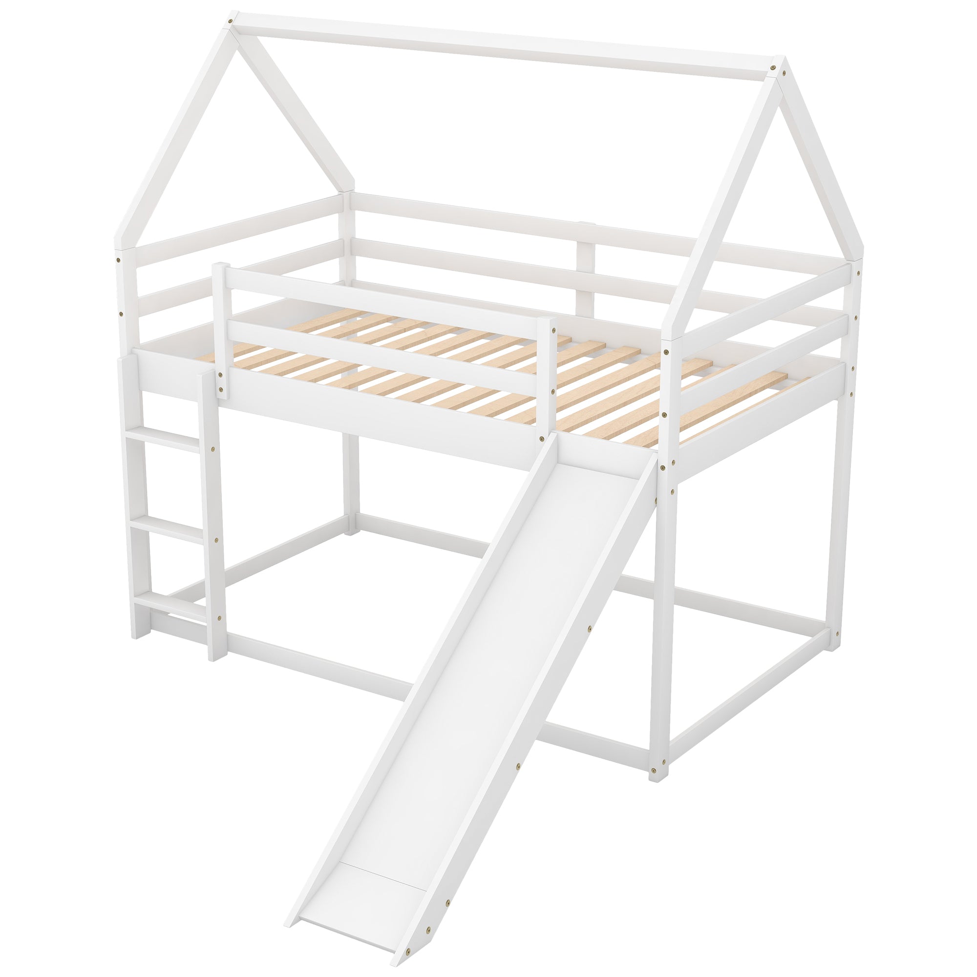 Twin Size Bunk House Bed with Slide and Ladder (White)