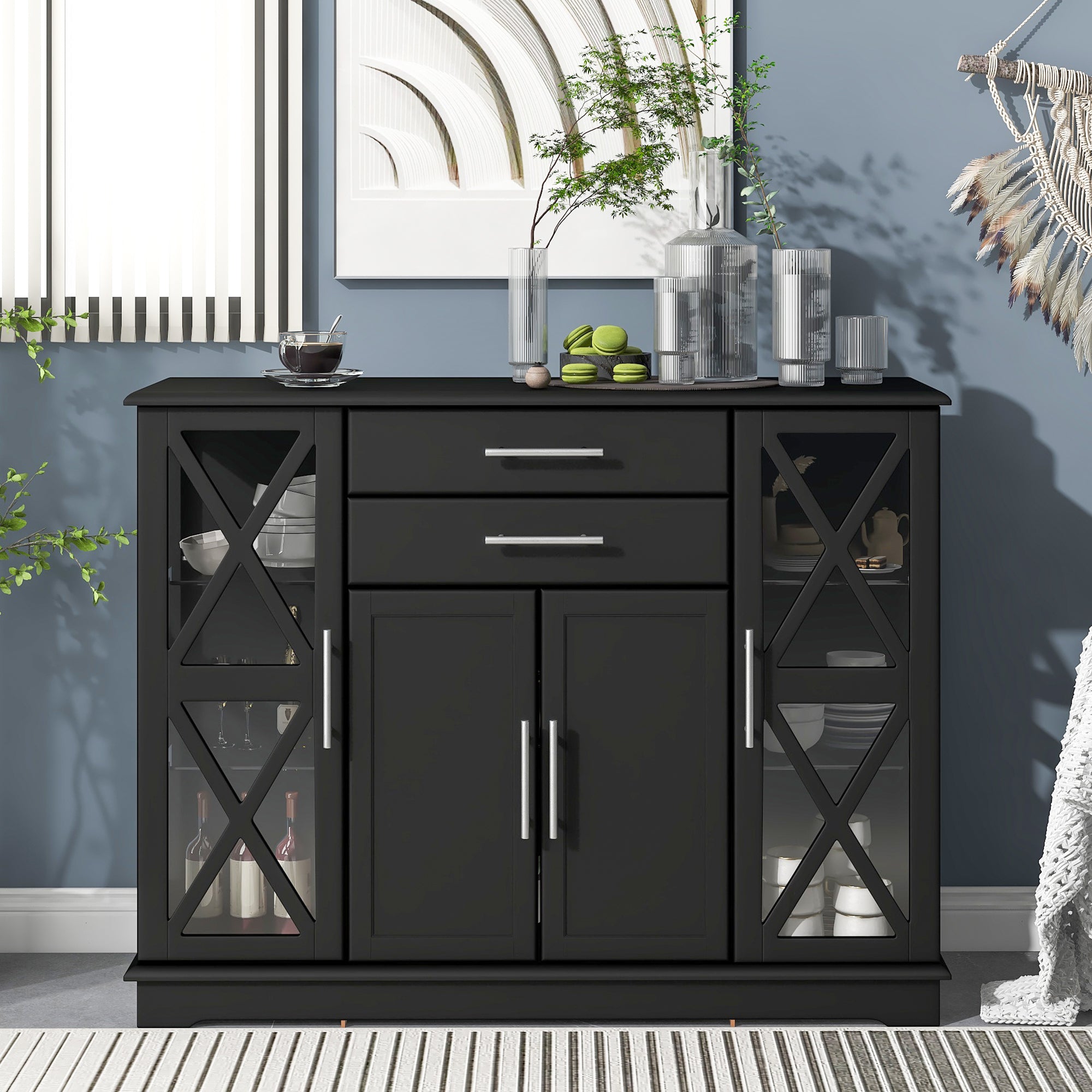 TREXM Sideboard with Tempered Glass (Black)