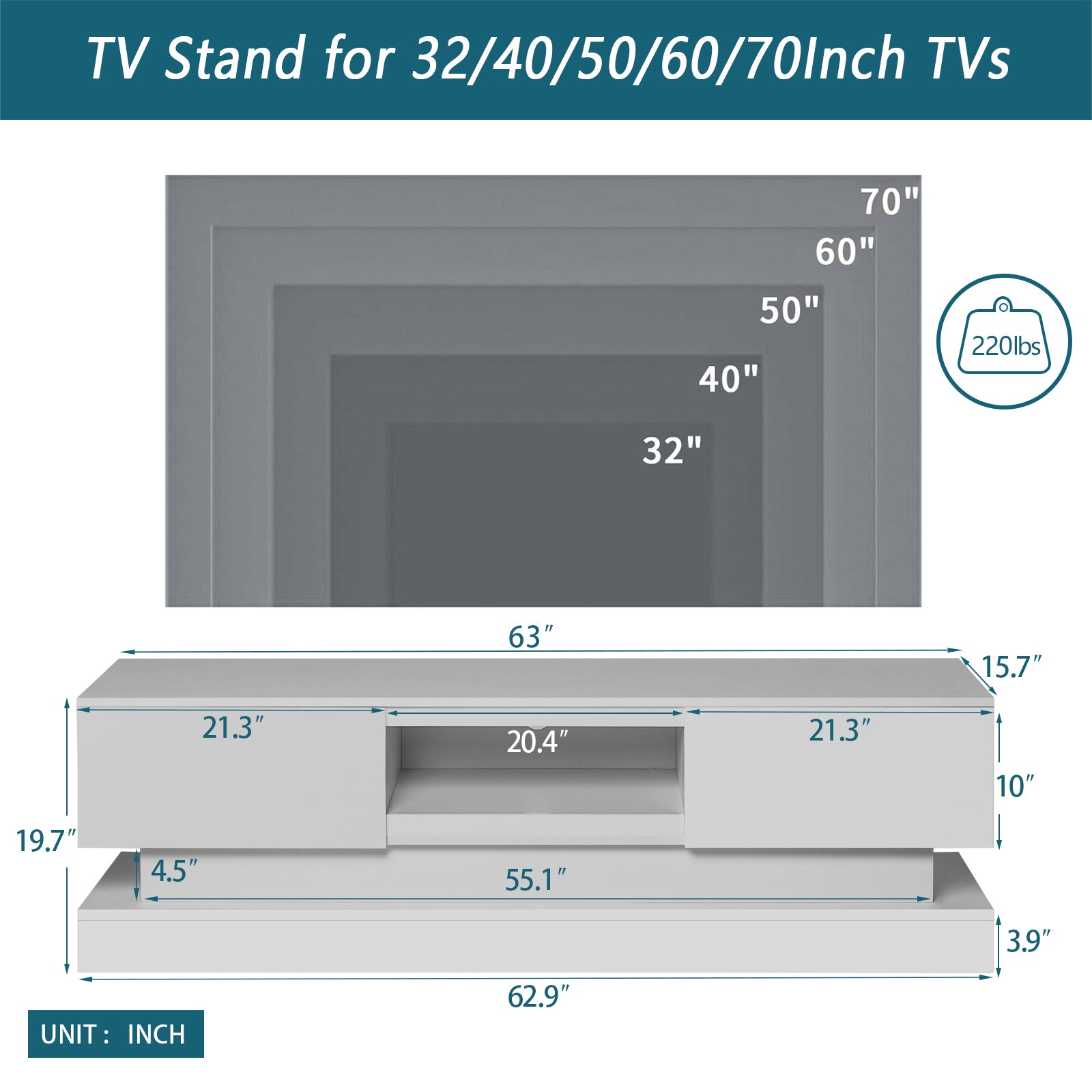 1.3M Modern TV Stand with LED Light (White)