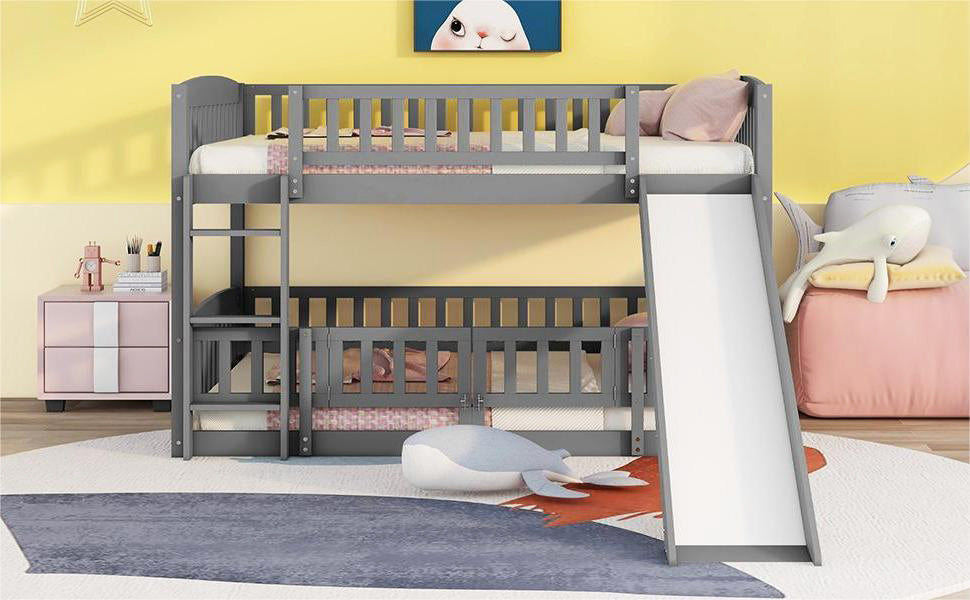 Full Over Full Low Bunk Bed with Fence (Gray)