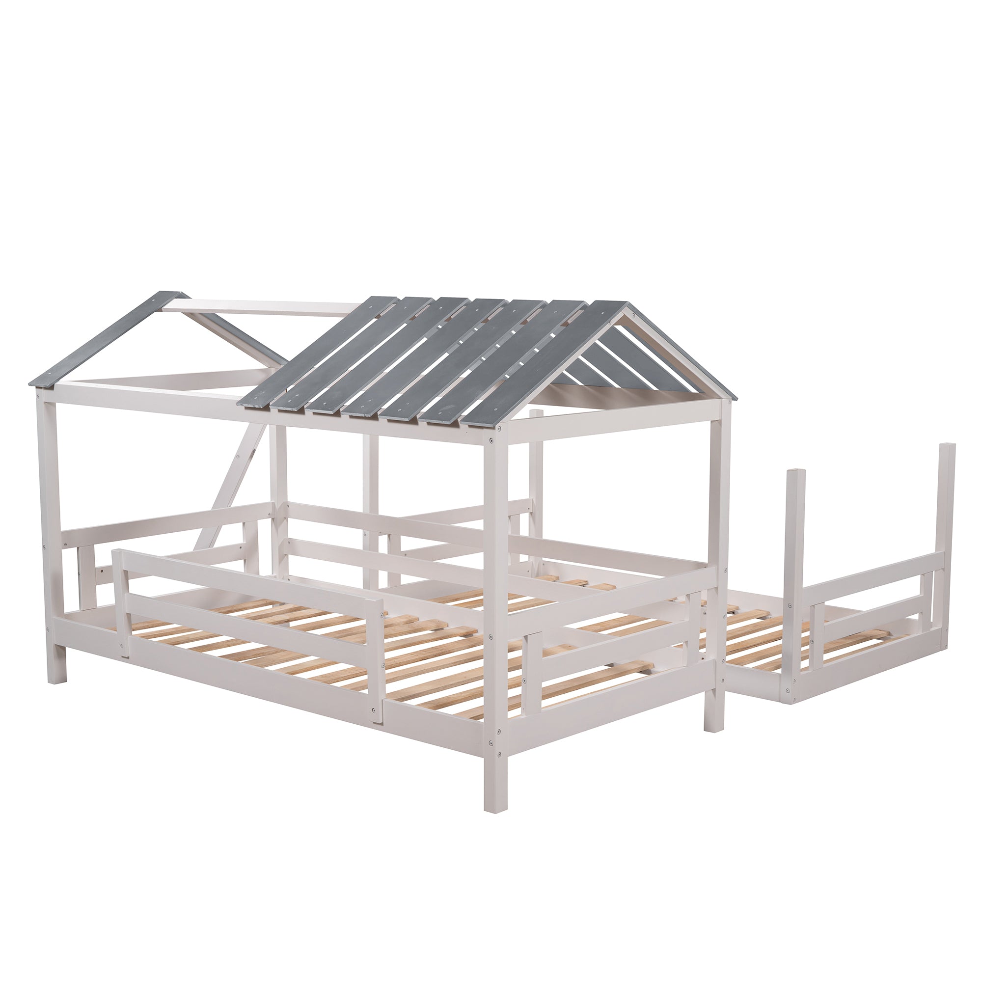 Twin over Twin House Roof Bunk Bed with Convertible Ladder (White)