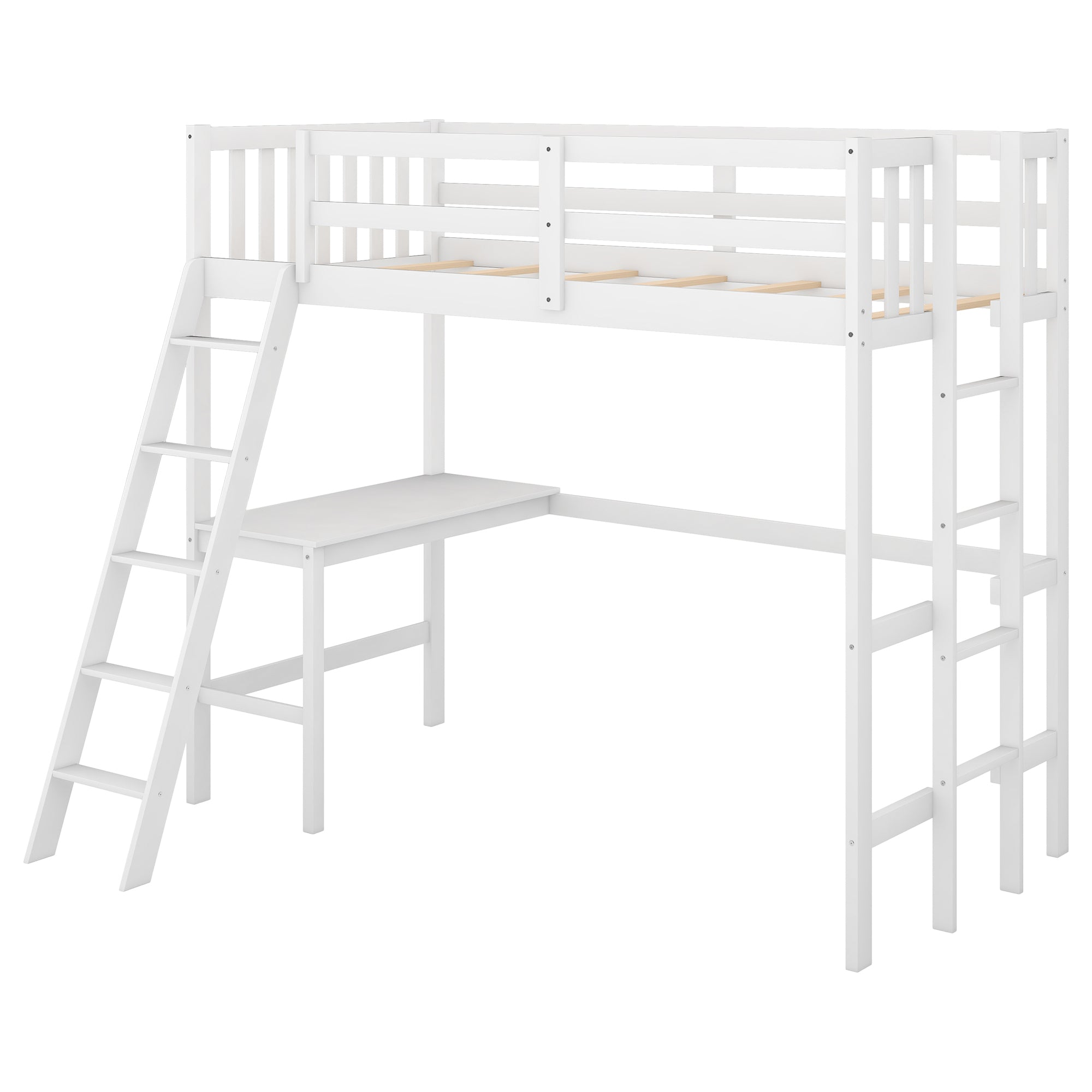 Twin Size Loft Bed with Desk and Two Ladders (White)