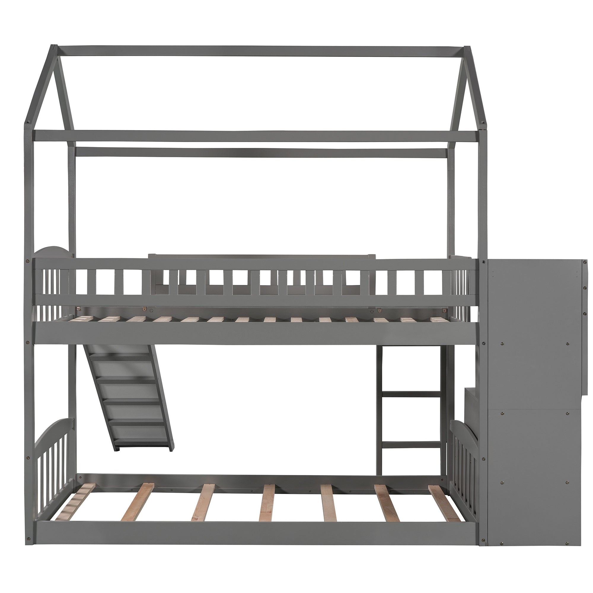 Twin Over Twin Bunk Bed with Drawers and Slide (Gray)
