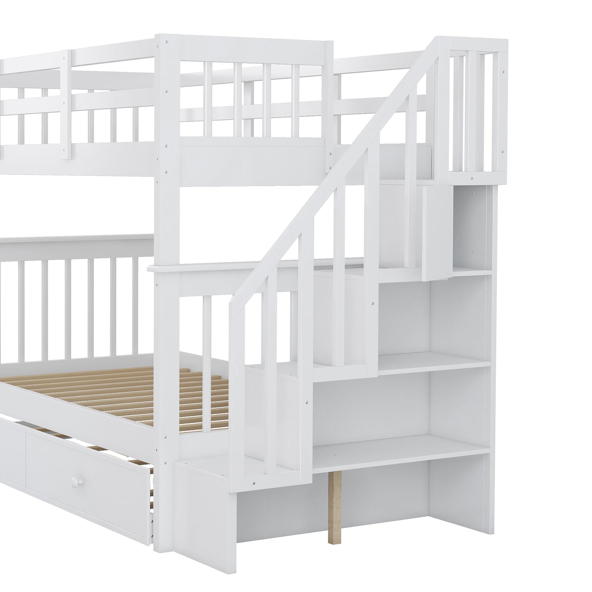 Stairway Twin-Over-Twin Bunk Bed with Twin size Trundle for Bedroom (White)