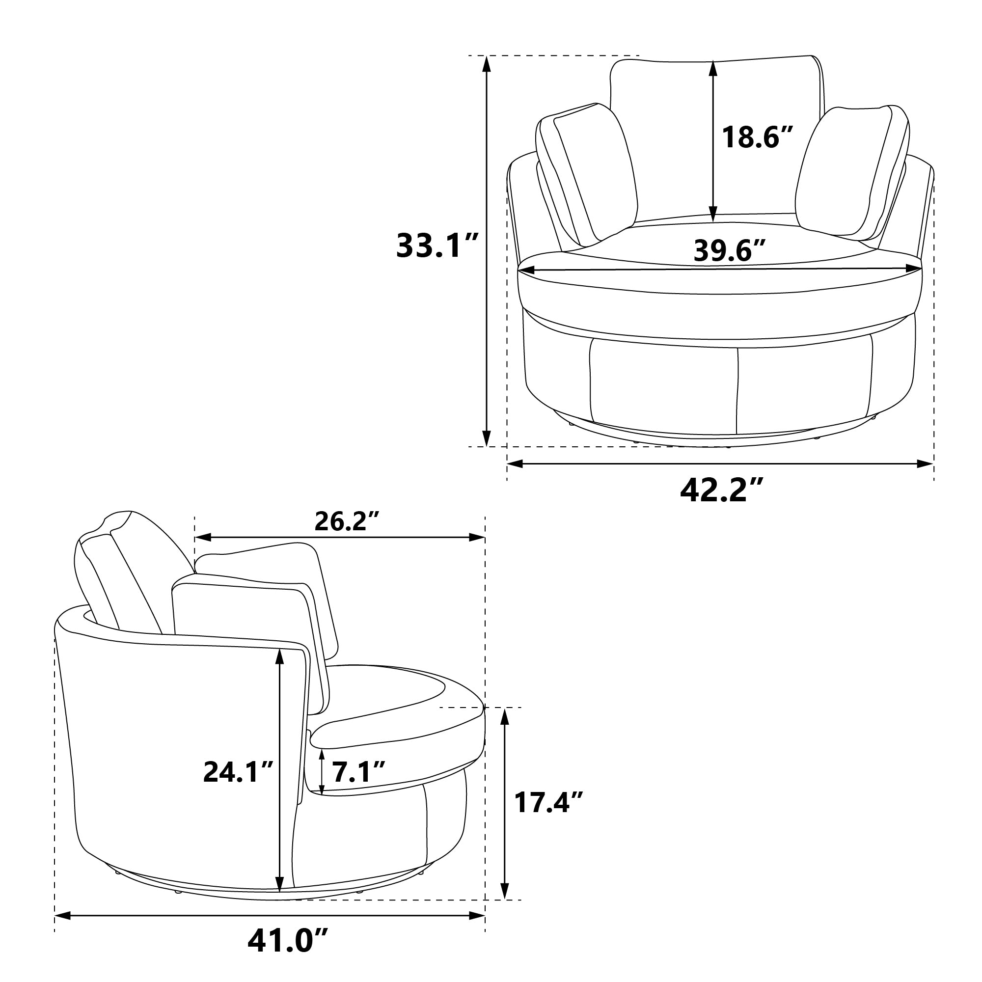 42.2"W Swivel Accent Bucket & Half Swivel Sofa with 3 Pillows (Black)
