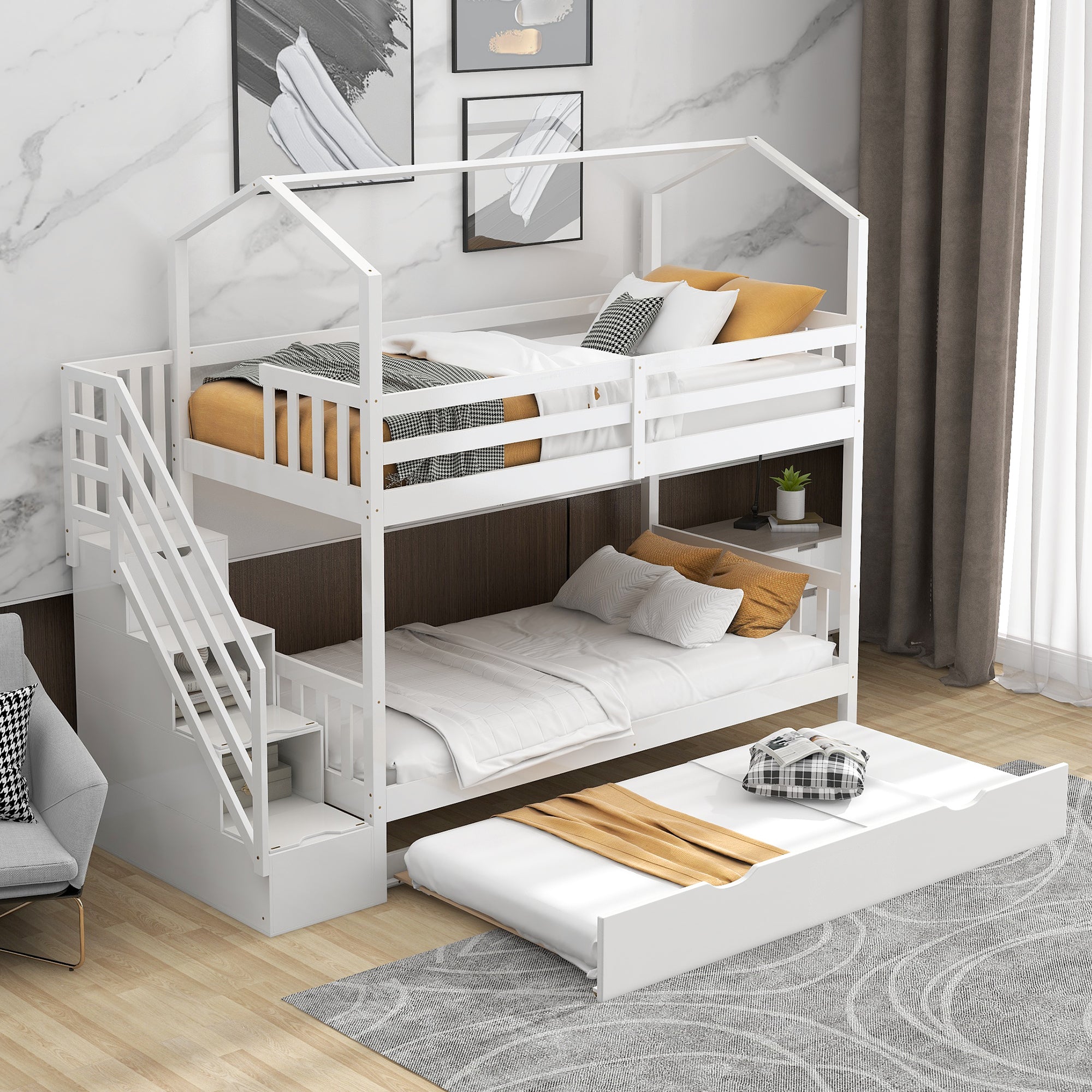 Multifunctional Twin over Twin House Bunk Bed with Staircase and Storage Space (White)