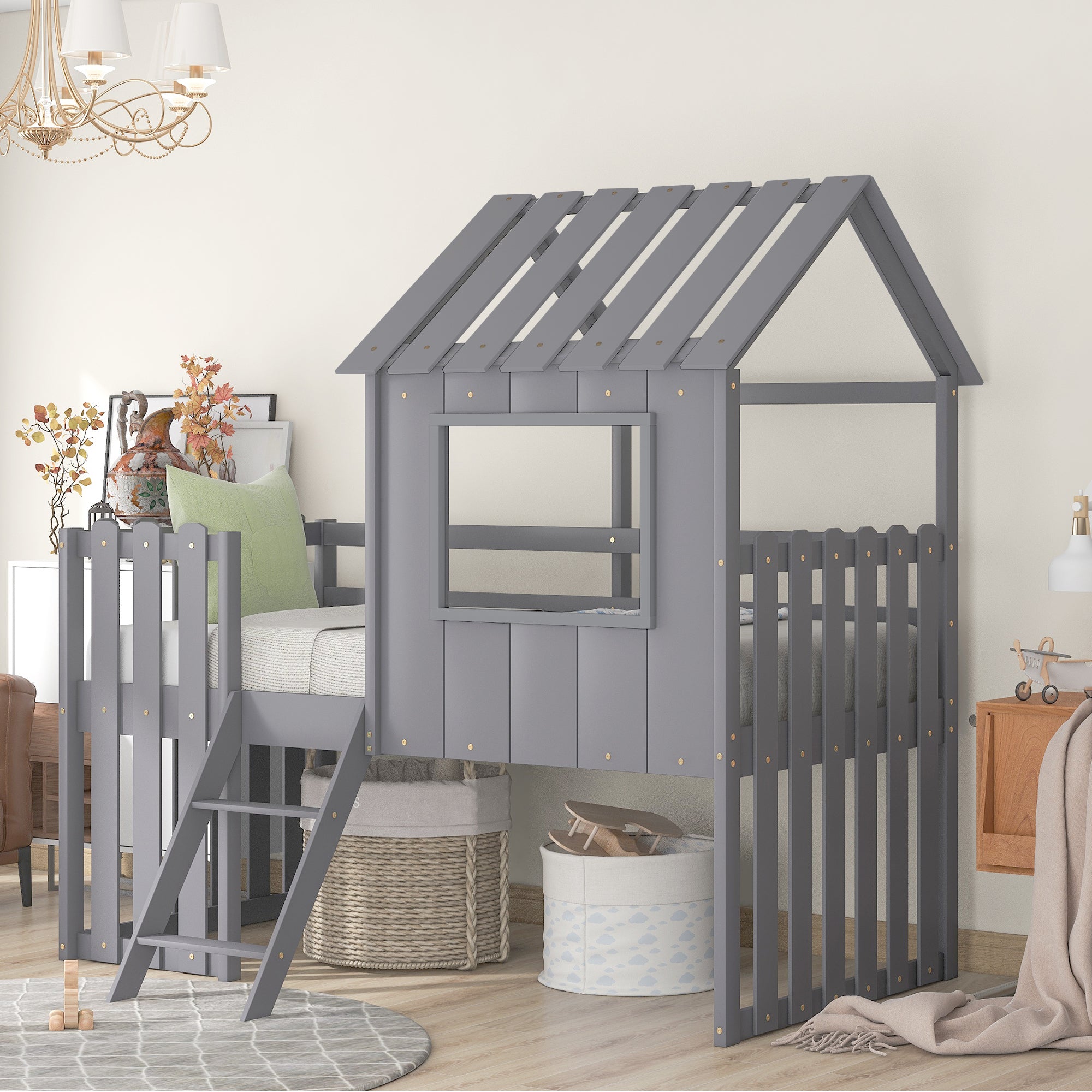 Loft House Bed with Rustic Fence-Shaped Guardrail (Gray)